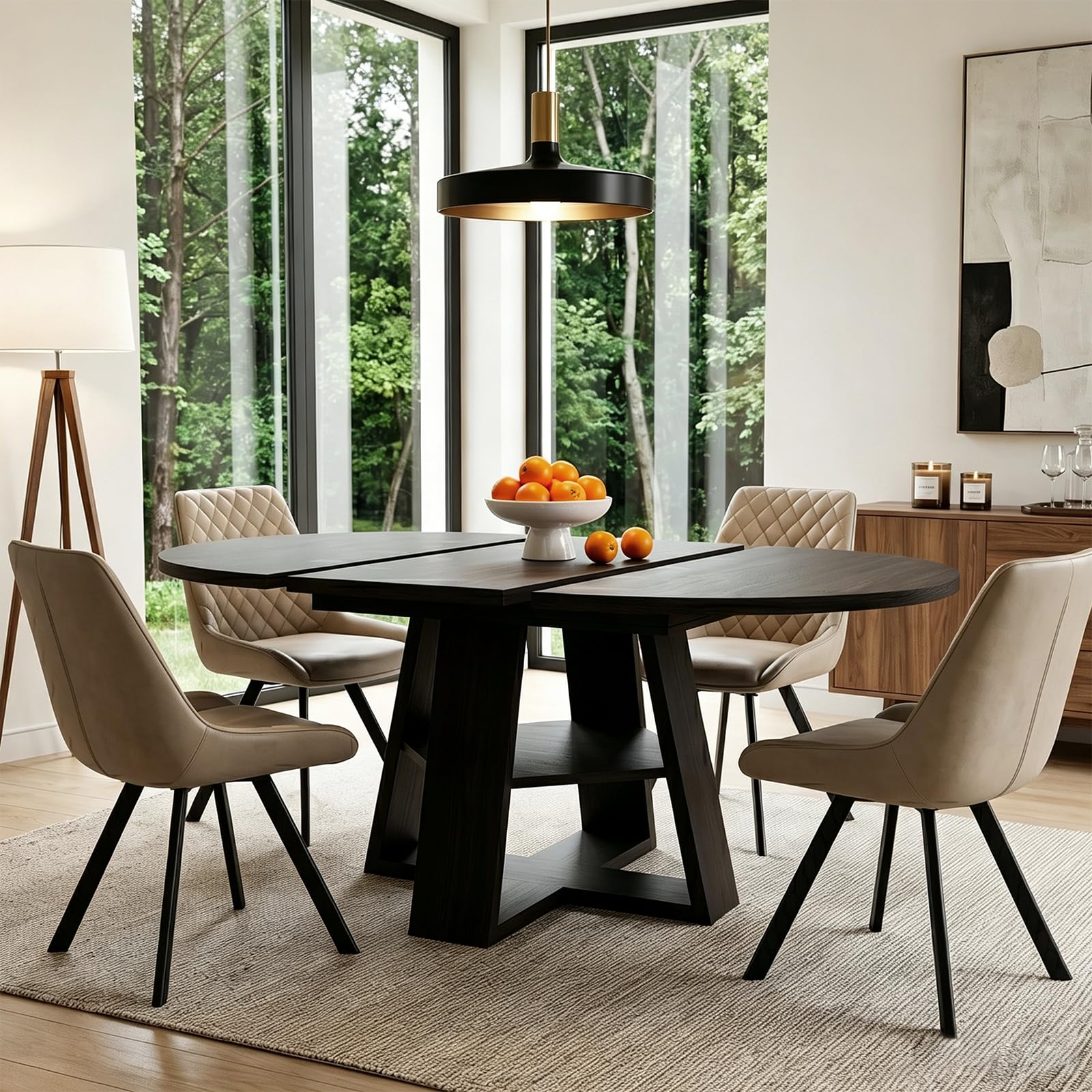 Comedor Mesa Extensible Redonda Madera con Estante, para 6-8 Personas