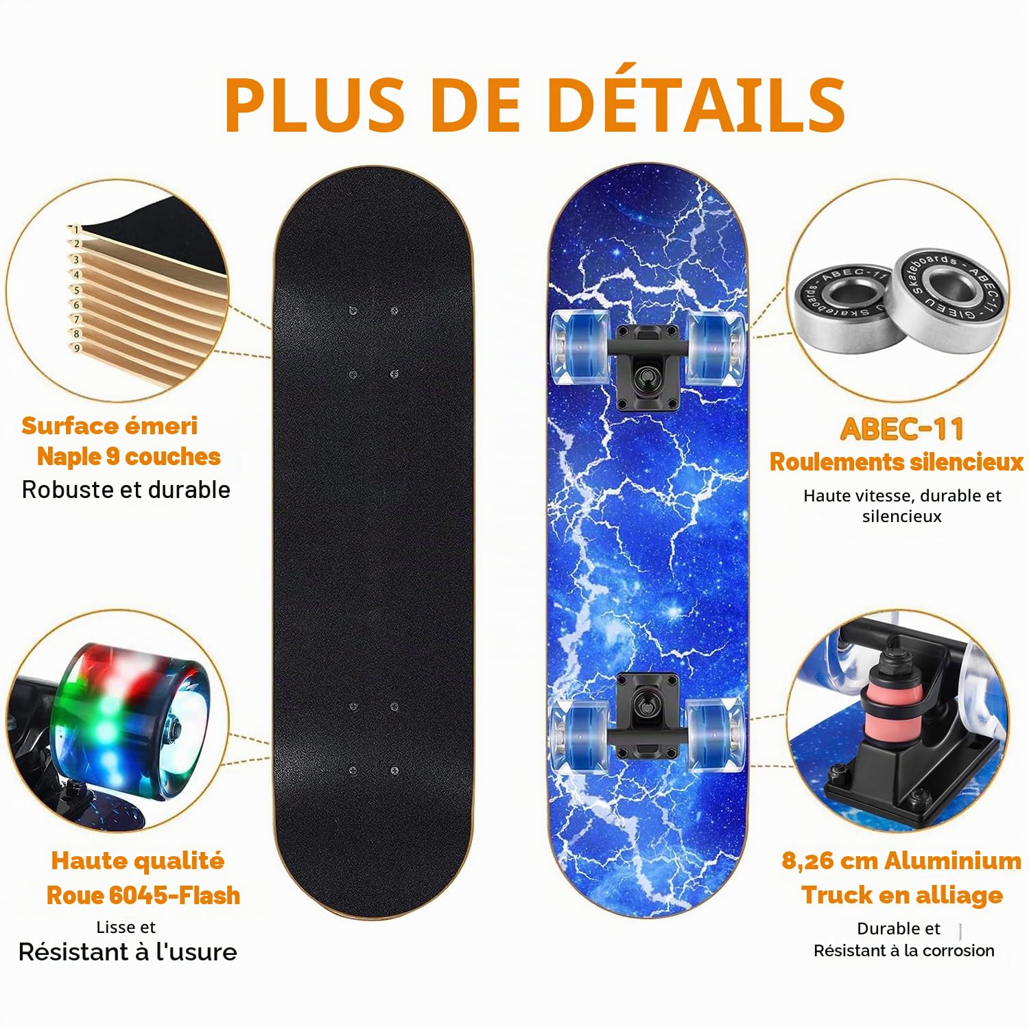 Skateboards avec Roues Clignotantes colorées pour débutants, Enfants, Adolescents, Adultes, Planche à roulettes Standard 9 Couches d'érable Canadien concave