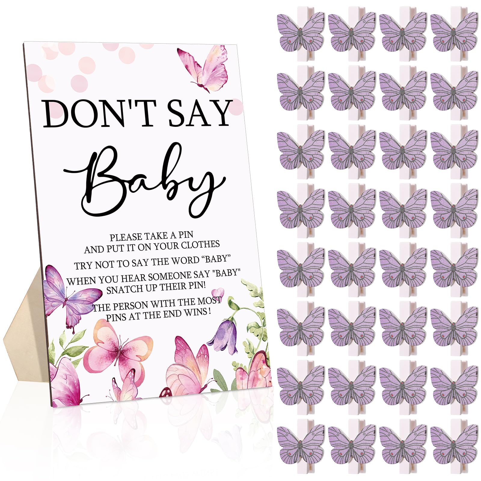 unittype 51 pcs don't say baby shower game supplies include purple butterfly theme baby shower sign and 50 mini butterfly clothespins for boys girls gender reveal baby shower prizes game