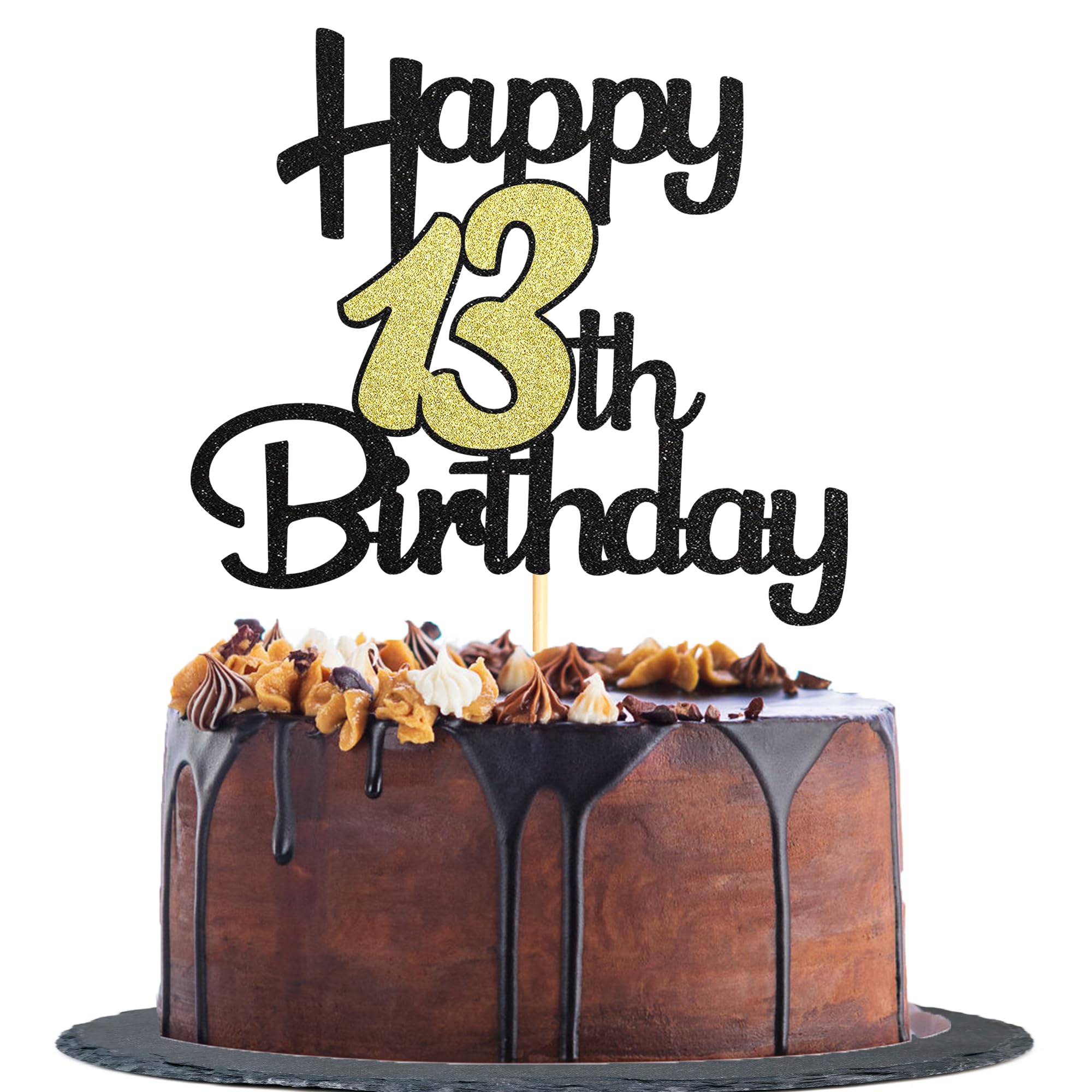 Topper Per Torta 80° Compleanno - Decorazione Glitter Oro E Nero, 16,3x21,1 Cm