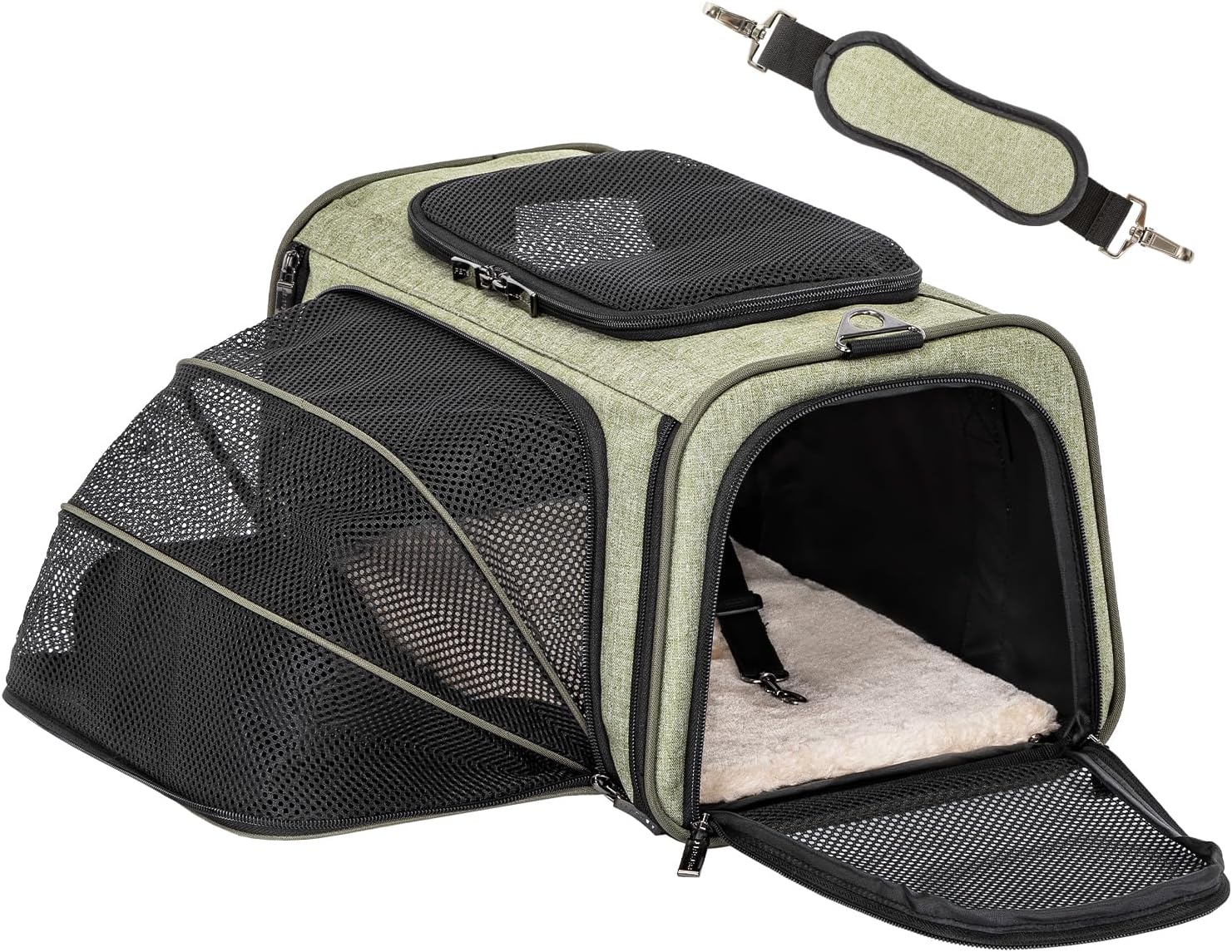 Petsfit Trasportino espandibile per gatti portatile, approvato dalla compagnia aerea, con lato morbido, tappetino in peluche rimovibile, cerniere e tasche di sicurezza, verde