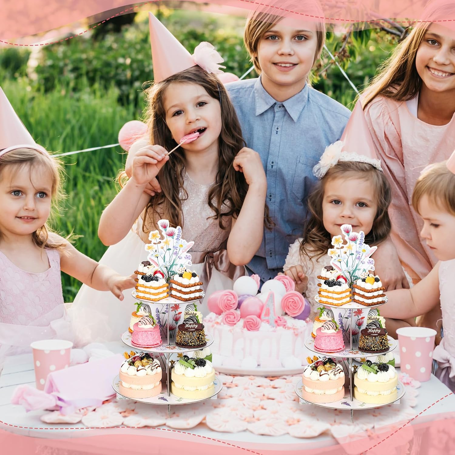 Willinglong 2 Pcs Wildflowers Cupcake Stand Party Decorations 3 Tier Floral Cardboard Cupcake Tower Flower Theme Cake Holder for Baby Shower Birthday Supplies