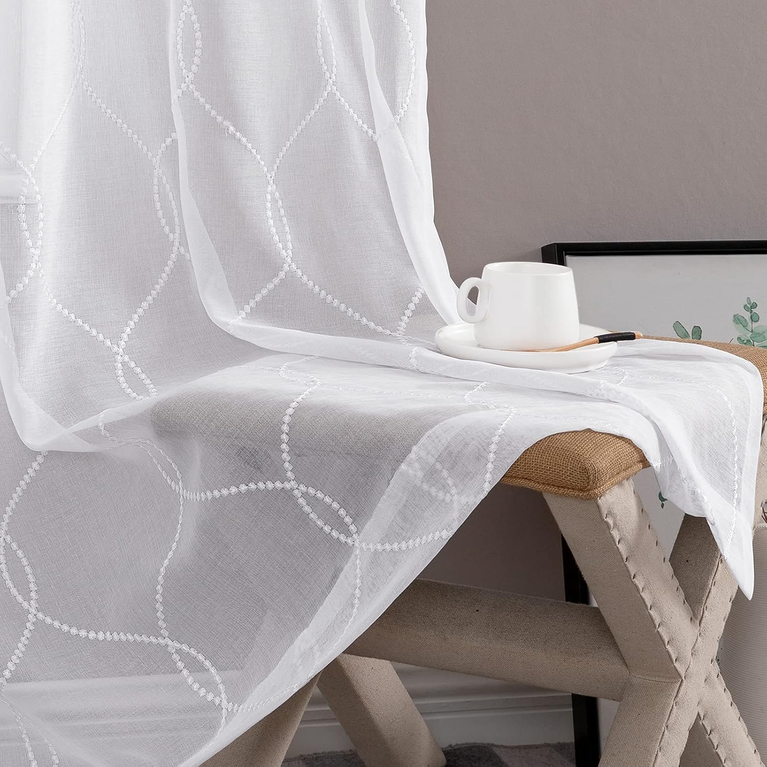 Vangao White Sheer Curtains 63 Inch Length for Living Room Bedroom Geometric Embroidered Rod Pocket Voile Window Drapes 2 Panels