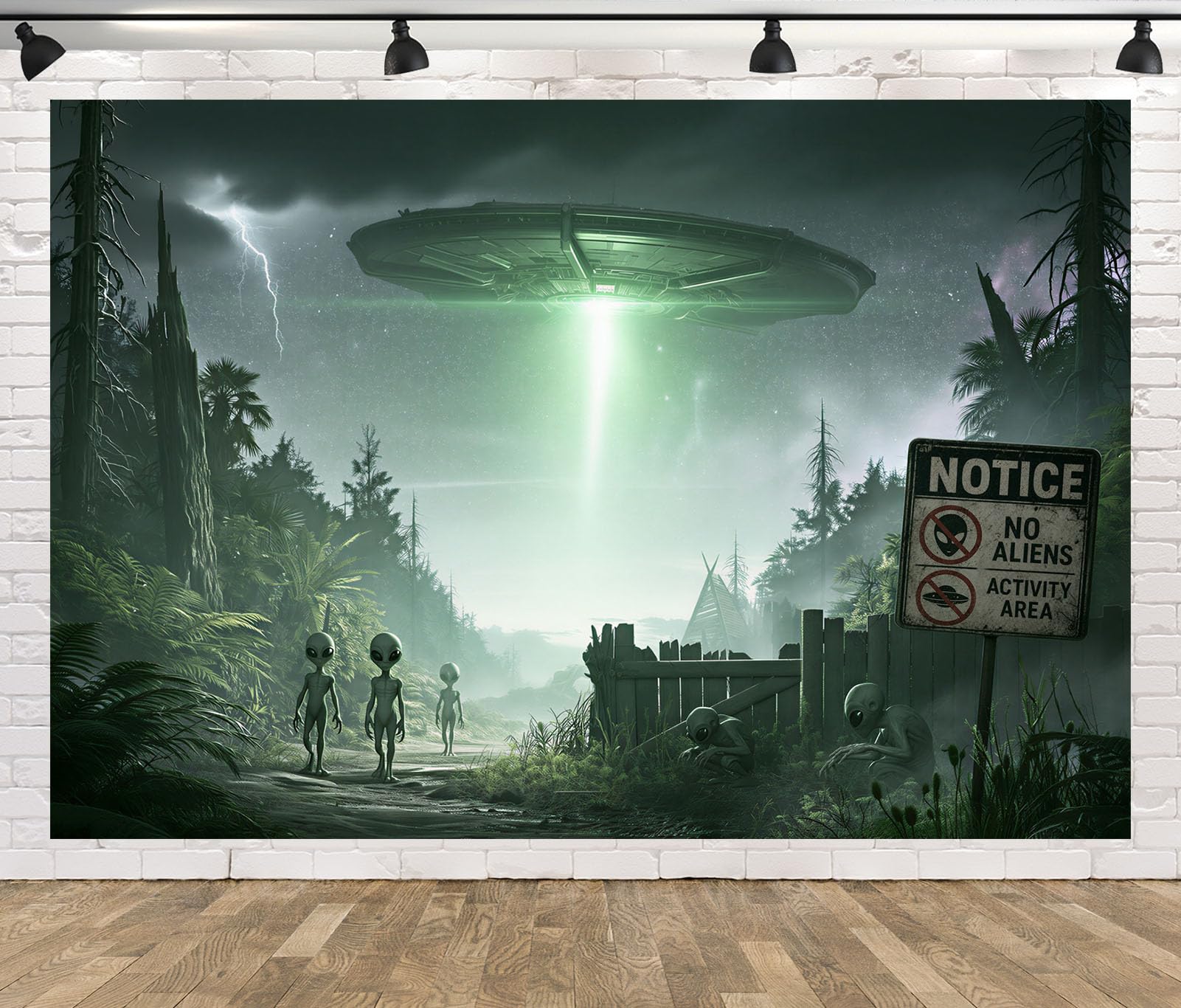 10x10FT Stoff UFO Landung Kiefernwald Hinweisschild Hintergrund