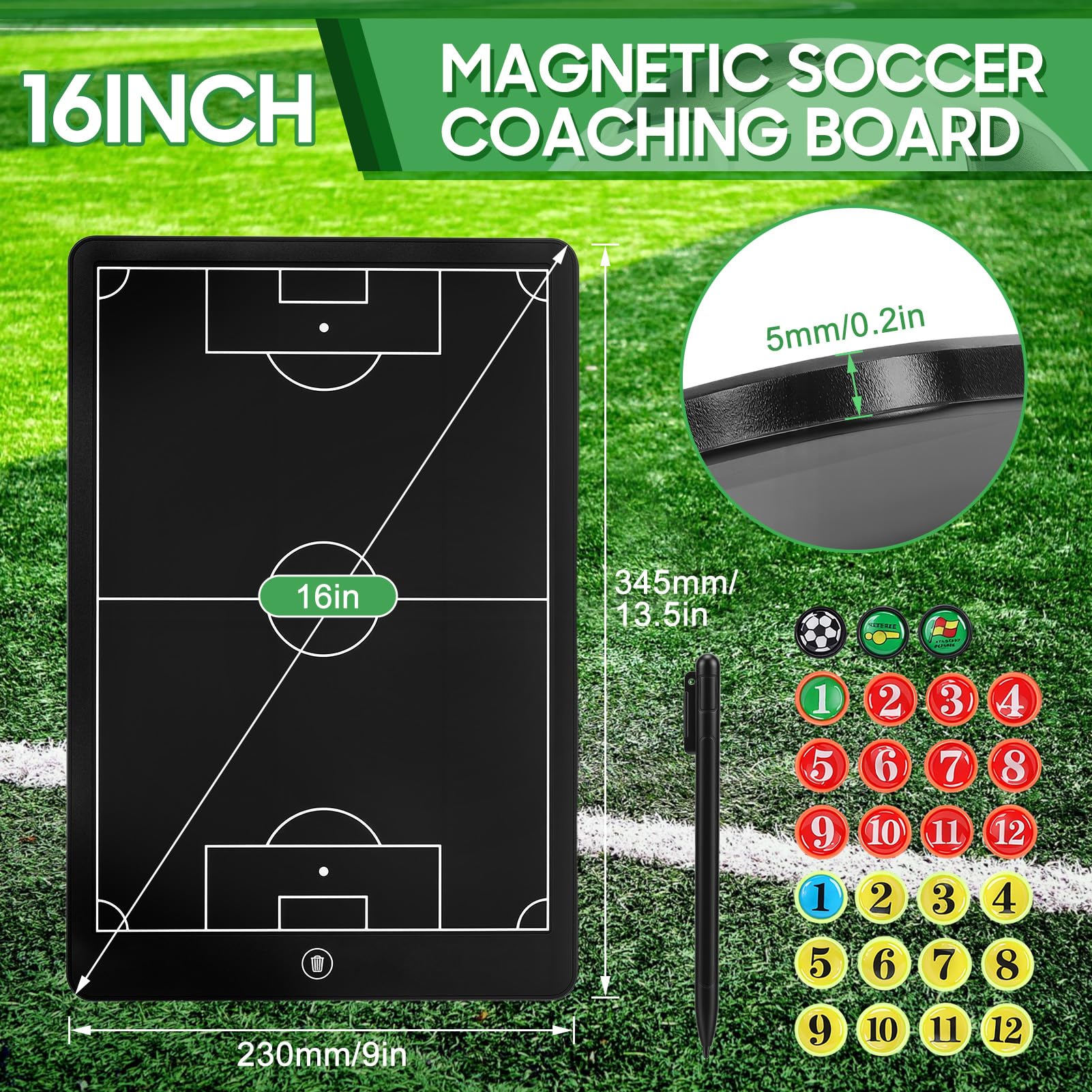 Tablero de tácticas LCD 16 pulgadas fútbol, electrónico mejorado, bloc escritura táctico magnético marco ABS, impermeable resistente caídas con bolígrafo