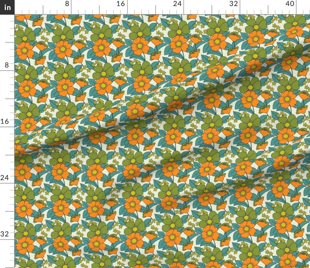 Spoonflower Fabric - 70S Floral Orange Retro Funny Hippie Medium Olive Green Teal Vintage Printed on Petal Signature Cotton Fabric by The Yard - Sewing Quilting Apparel Crafts Decor