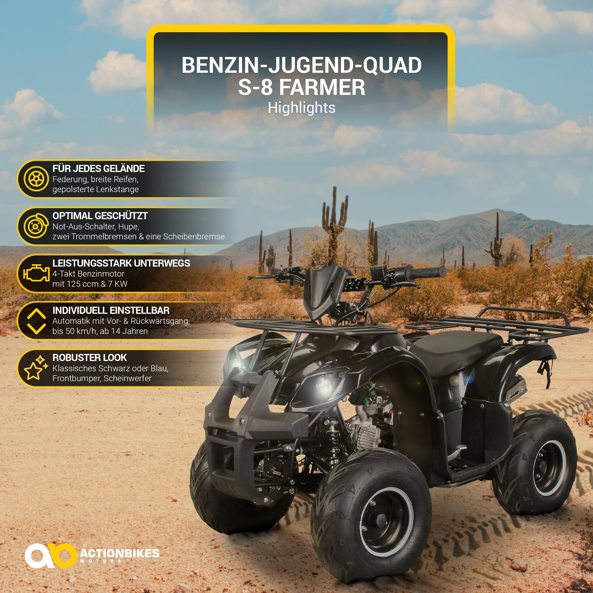 Actionbikes Motors Quad ATV S-8 Farmer 125 cc | 4-Takt 125ccm Motor bis 𝟓𝟎 km/h - Pocket Quad - Miniquad - Benzinquad - Benzin Quads - Fahrzeug für Jugendliche (Schwarz)