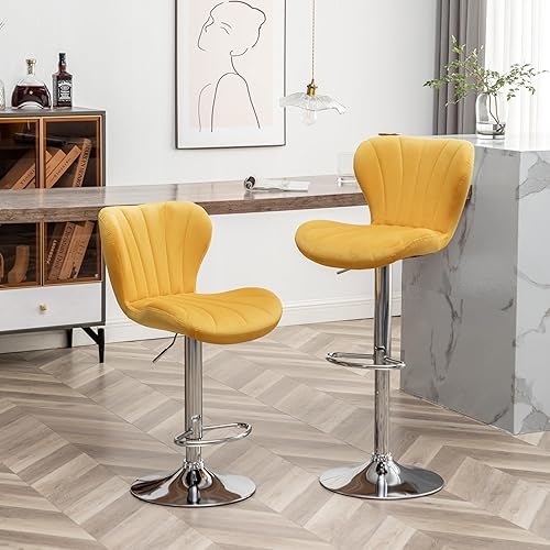 Roundhill Furniture Ellston - Taburetes de bar giratorios ajustables de terciopelo, color amarillo, juego de 2