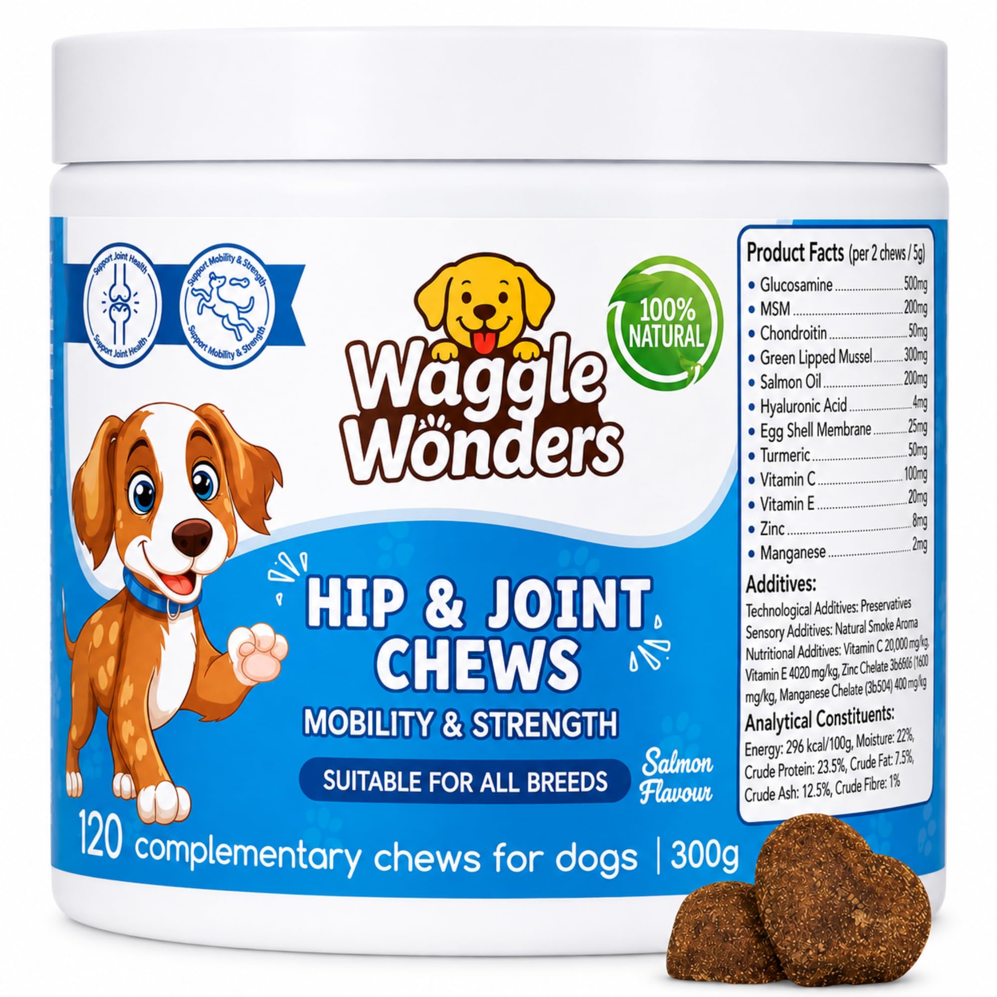 Waggle Wonders - Hip & Joint Chews for Dogs – Dog Joint Supplement with Glucosamine, Chondroitin & Green Lipped Mussel, Supports Mobility, Flexibility & Stiff Joints, Senior & Active Dogs, 120 Chews
