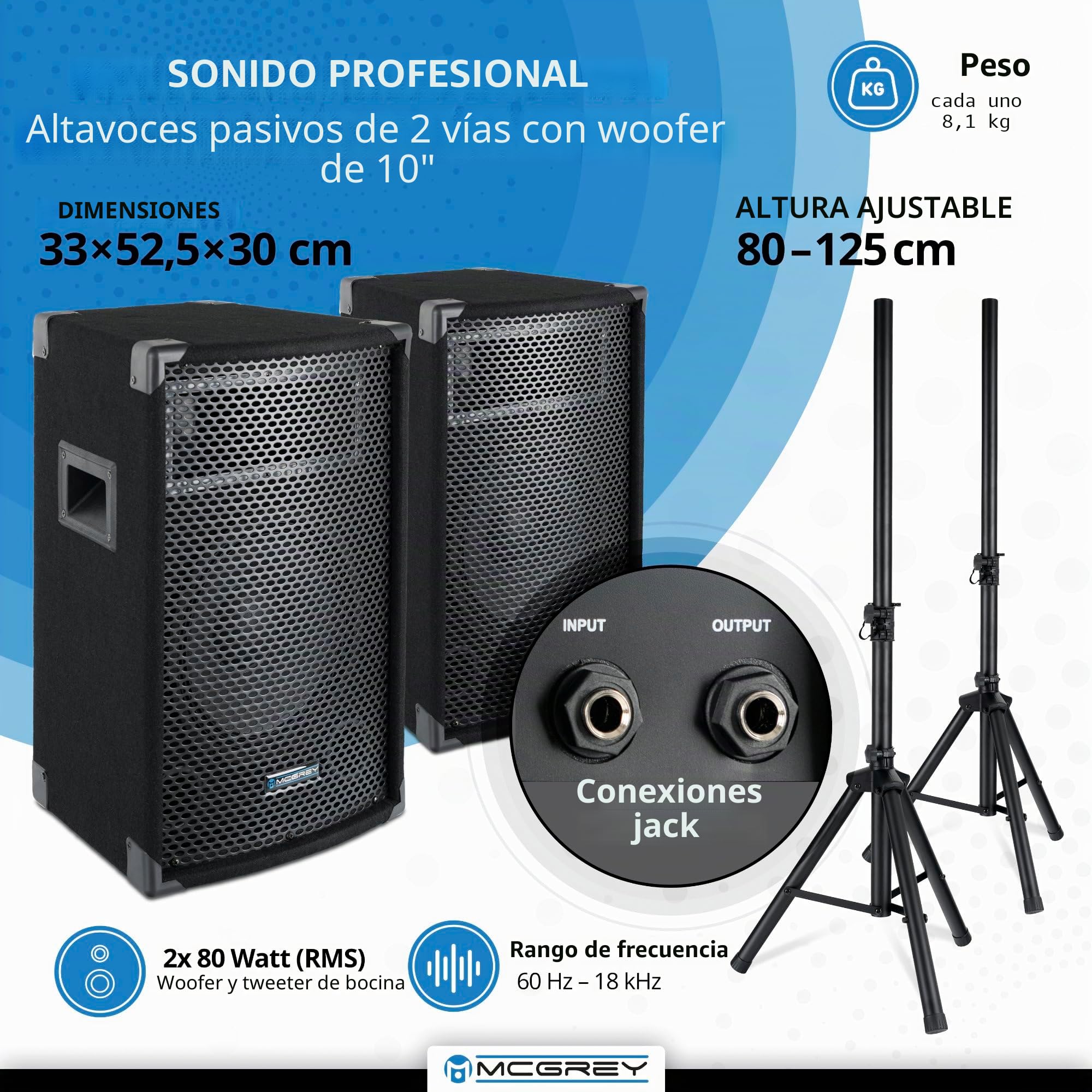 McGrey BP-210 Bandpack PA-Anlage 100 Watt, Entrada Jack no balanceada de 6 | Mezclador de potencia de 4 canales, Entrada XLR balanceada para micrófonos dinámicos, 35 mm, Time (140 - 342 ms) y Repeat