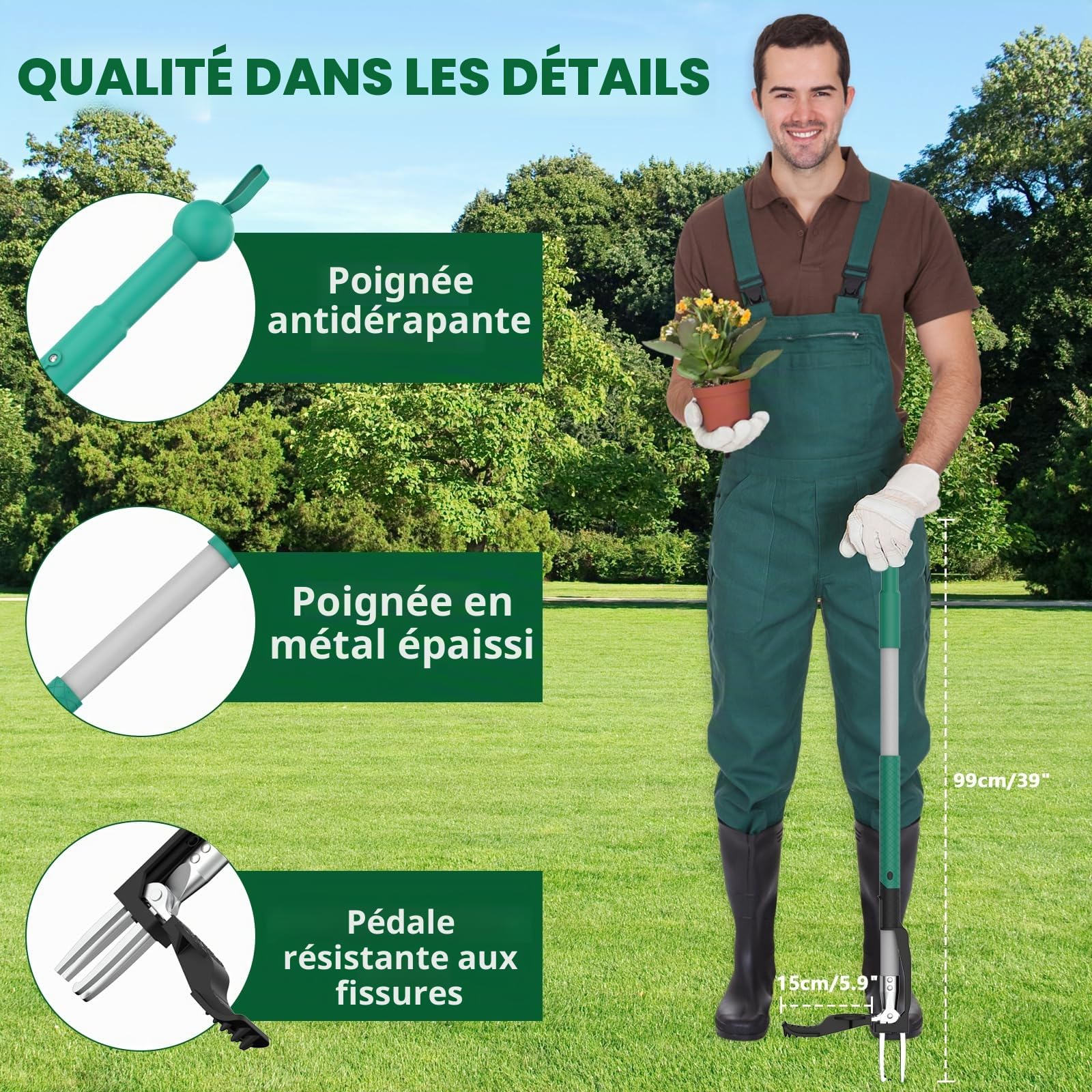 Desherbeur Manuel, Outil Desherbage Mauvaise Herbe pour Le Jardin avec 4 Griffes, Désherbeurs Manuels Debout, Outil de Désherbage à Long Manche Sans se Pencher ou S'agenouiller