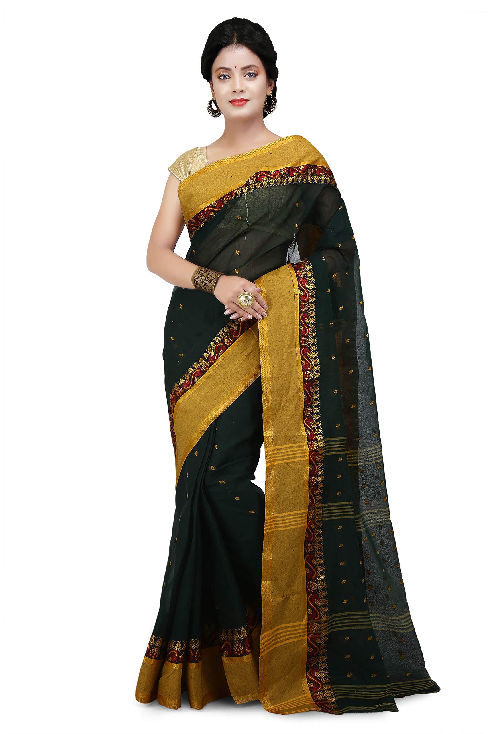 WoodenTant Women's Handloom Cotton Tant Saree with Buti Work without blouse piece, Dark Green, 5.5