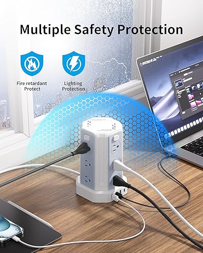 Miniatura 3 de SMALLRT Power Tower - Protector de sobretensiones, cable de extensión de 10 pies con 12 tomas de corriente alterna múltiples, 4 USB (1 USB C),