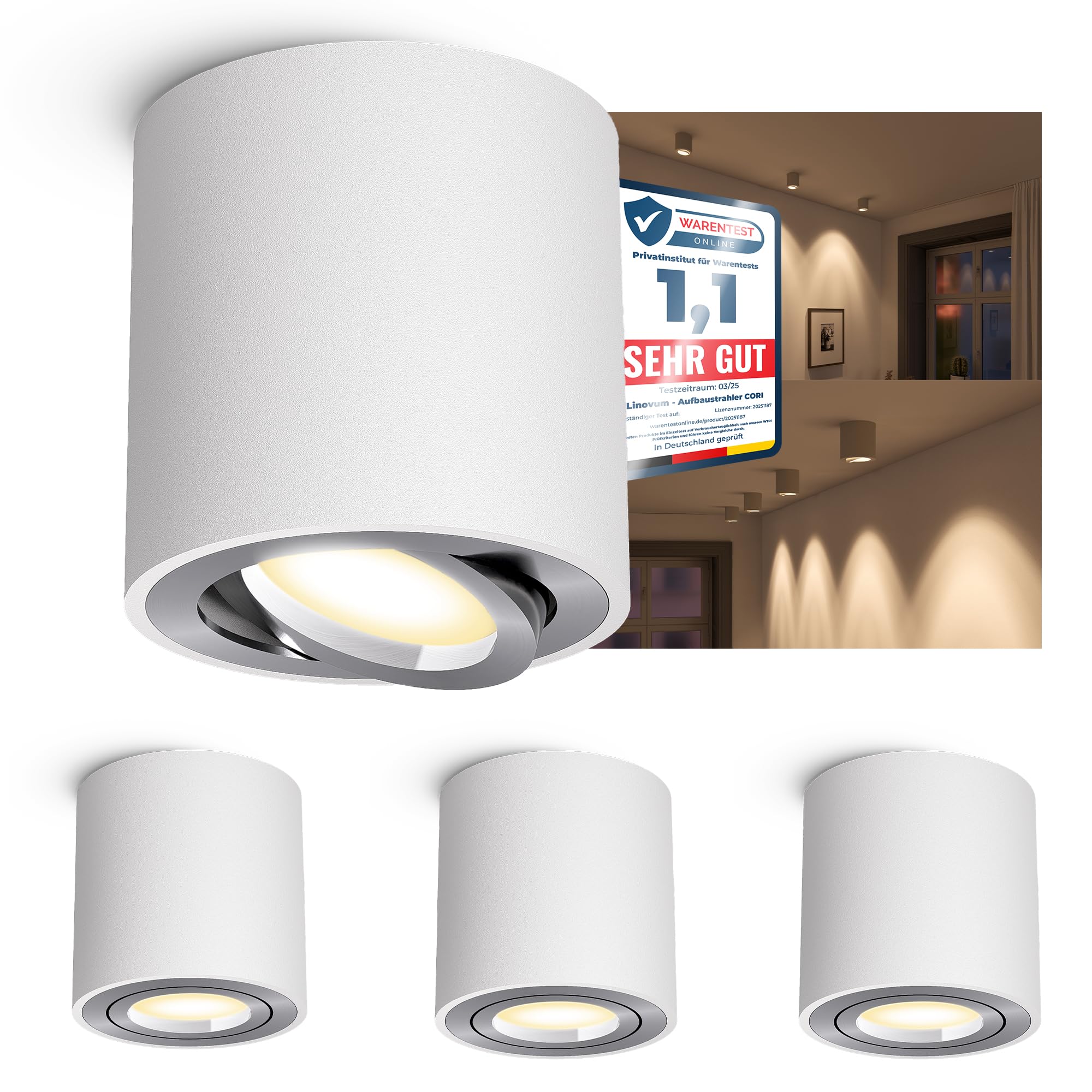 linovum CORI Aufbauspot dimmbar weiß silber - mit LED GU10 Lampe warm, neutral, kalt 6W 230V - Aufbau Strahler schwenkbar rund Ø80x84mm