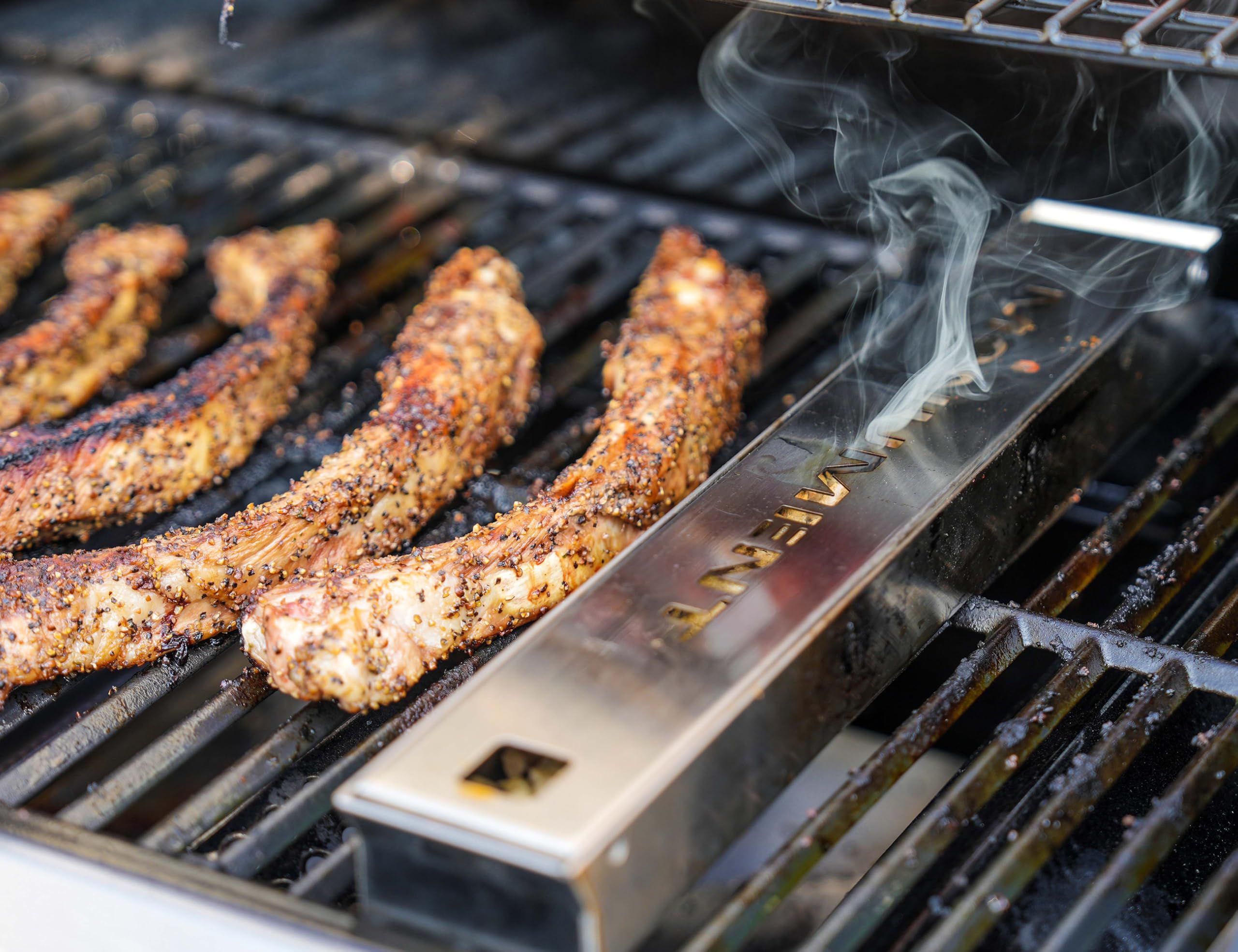 Monument Grills A007 Heavy Duty Stainless Steel Barbecue Smoker Box Grill Accessories, Reusable Smoker Box with Lid for Gas Grill, 14.76" x 2.36" x 1.41"