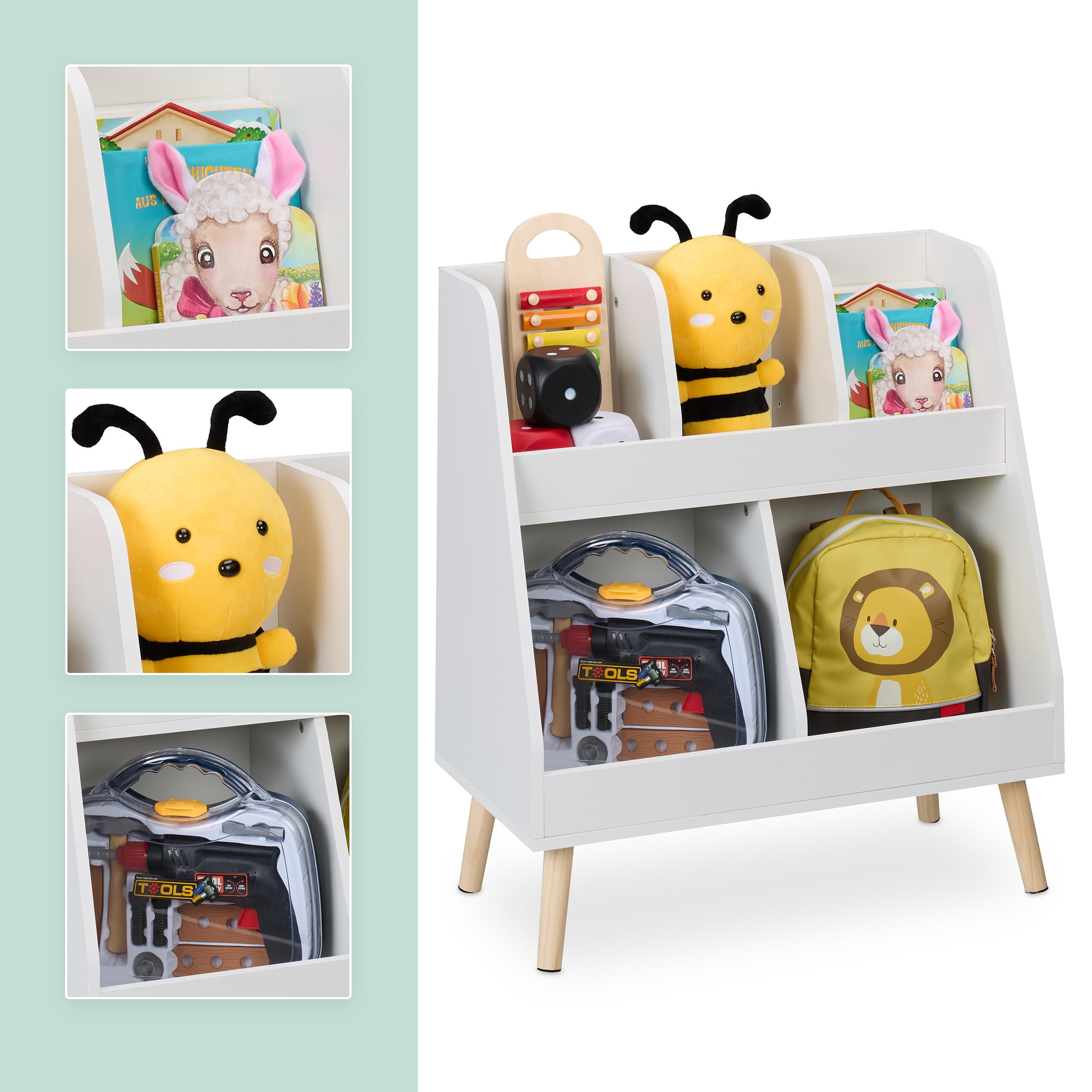 Relaxdays Estantería Infantil, 66x60x30cm, Librería Niños 5 Estantes, MDF, Patas Madera, Mueble Juguetes, Blanco/Natural
