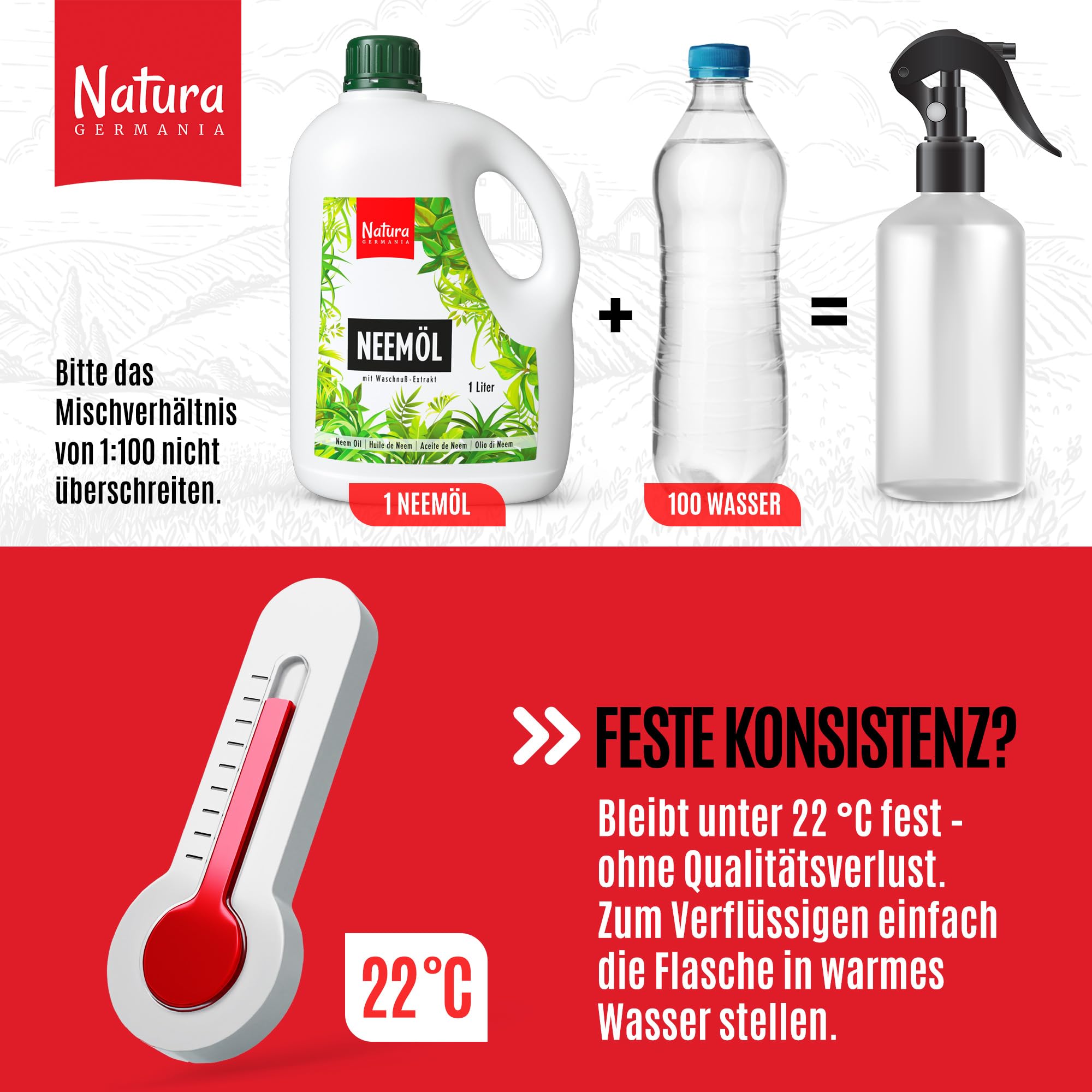 Huile de neem Natura Germania® 1000 ml avec extrait de noix de lavage, atomiseur inclus - donne 100 litres de solution prête à pulvériser - spray de neem pour les soins naturels des plantes
