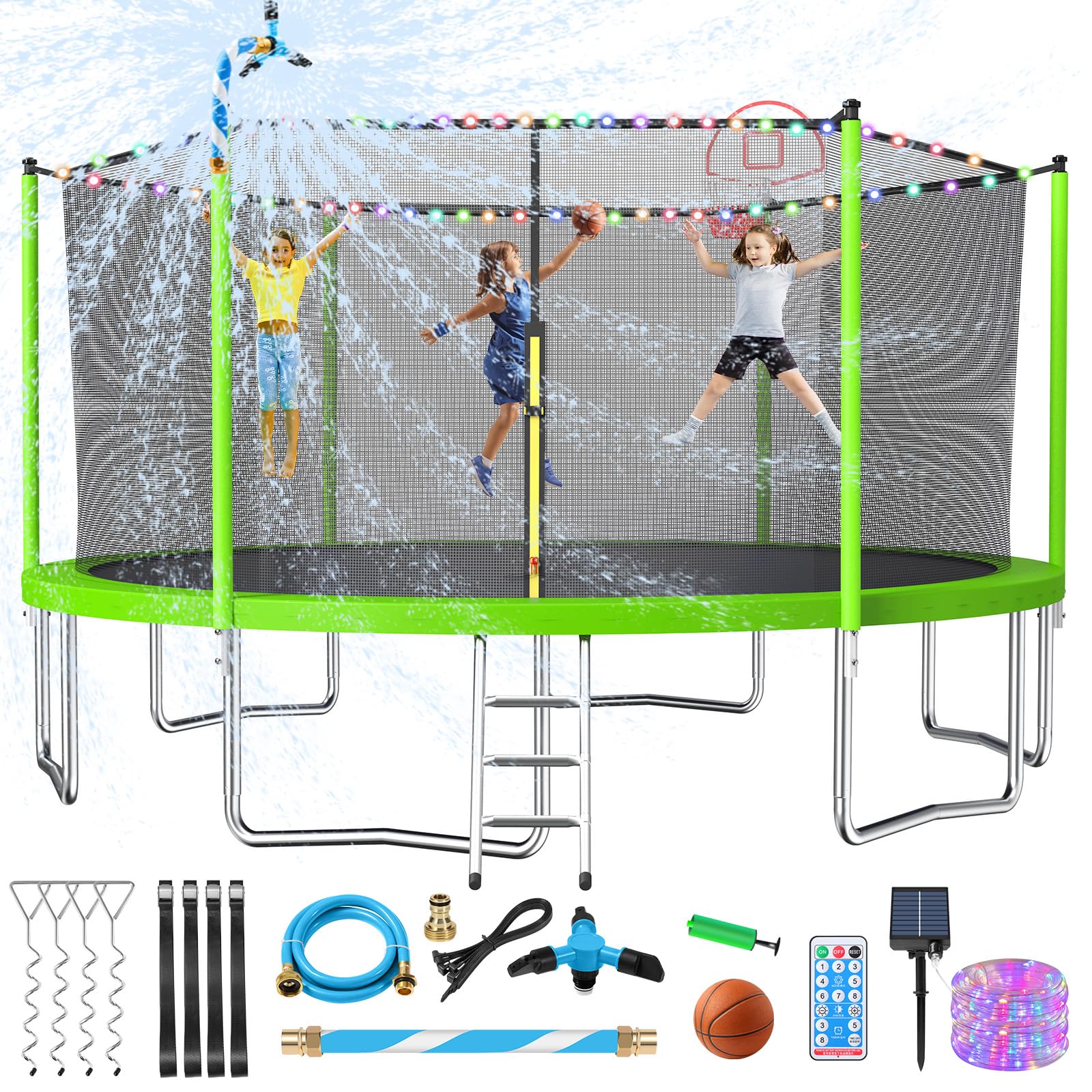 Lyromix Upgraded 10/12/14/15/16FT Trampoline with Light, Stakes, Sprinkler, Basketball Hoop and Net, Capacity for 4-6 Kids and Adults