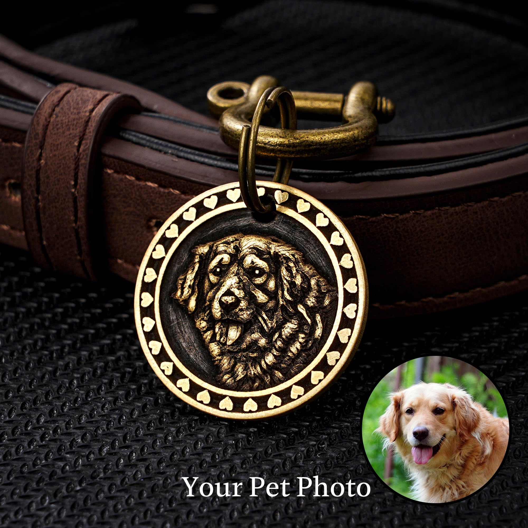 Personalized Dog Photo Tag, Custom Pet Portrait Tag, Brass Pets Label, 30mm Dog Label, Gift for Pet Lover, Deep Engraved Dog Collar Tag, Pets Gift