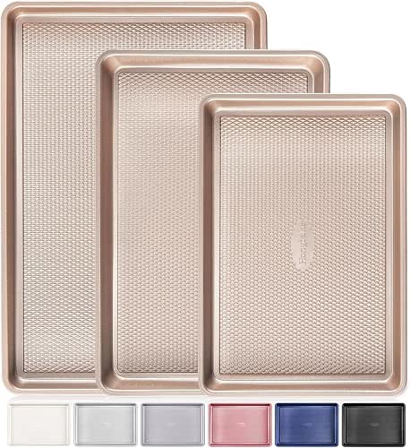 HONGBAKE 3er-Set Backblech-Set (Halb/Jelly Roll/Viertel), 0.8 mm Kohlenstoffstahl, Antihaft-Diamantstruktur, Champagne