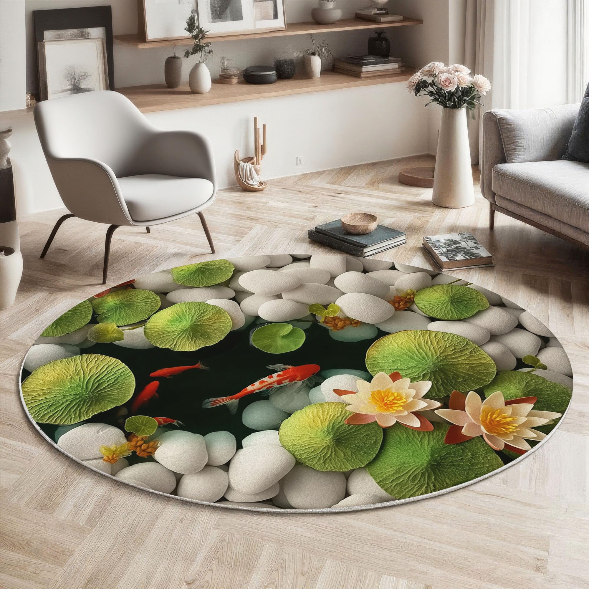 Kieselpool Teppich Rund 120cm Grüne Lotusblätter rutschfest Weich Teppiche Kurzflor Runder Teppiche Waschbar pflegeleicht für Wohnzimmer Schlafzimmer Studie Heimbüro, Smaragd
