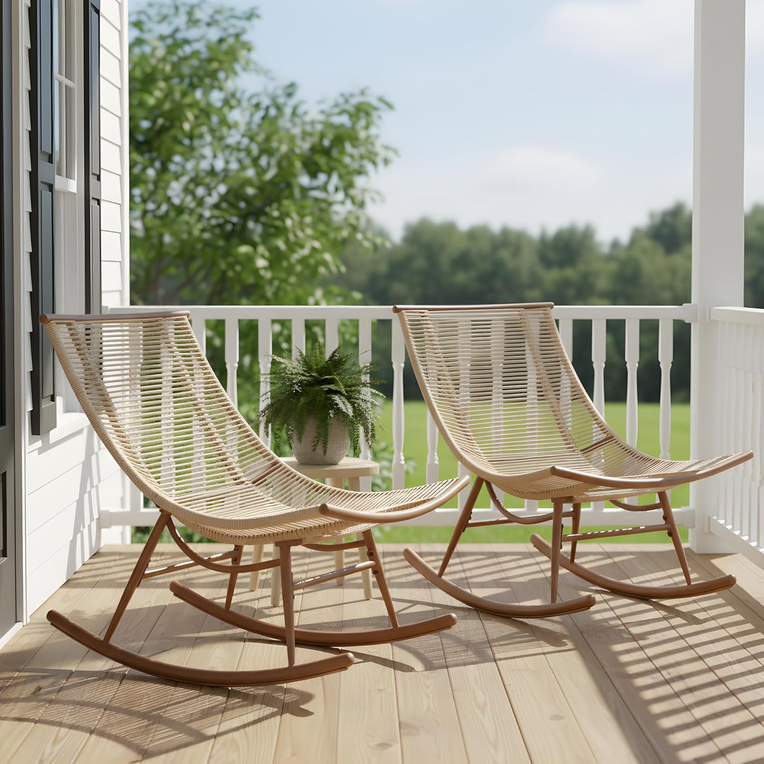 Christopher Knight Home Belford Outdoor Rocking Chair Set of 2, Smooth Arc PE Rattan Wicker Rocker with Metal Frame, Rocking Chair with Cushion, Rocker with Ergonomic Design for Patio or Lounge, Beige