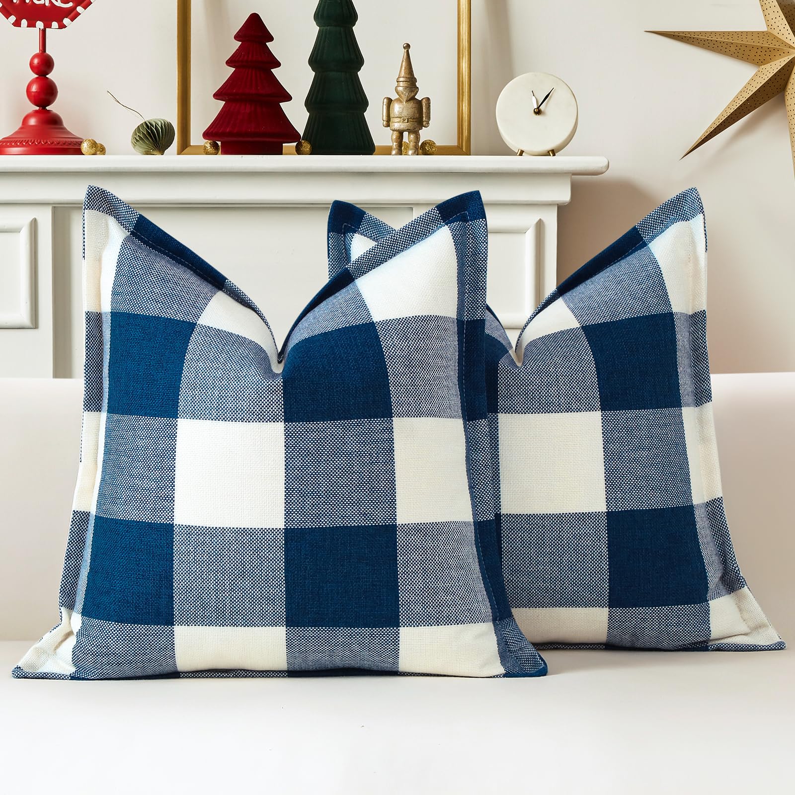 Sungeek Buffalo Check Plaid Cushion Covers 60 x 60 Set of 2 Linen Christmas Tartan Decorative Square Pillow Covers with Stitched Edge for Sofa Couch Bed Living Room 24x24 Inch (Blue) - Image 2