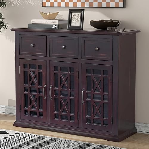 Merax Aparador de buffet de granja con 3 cajones y estantes, armario de almacenamiento, color rojo vino