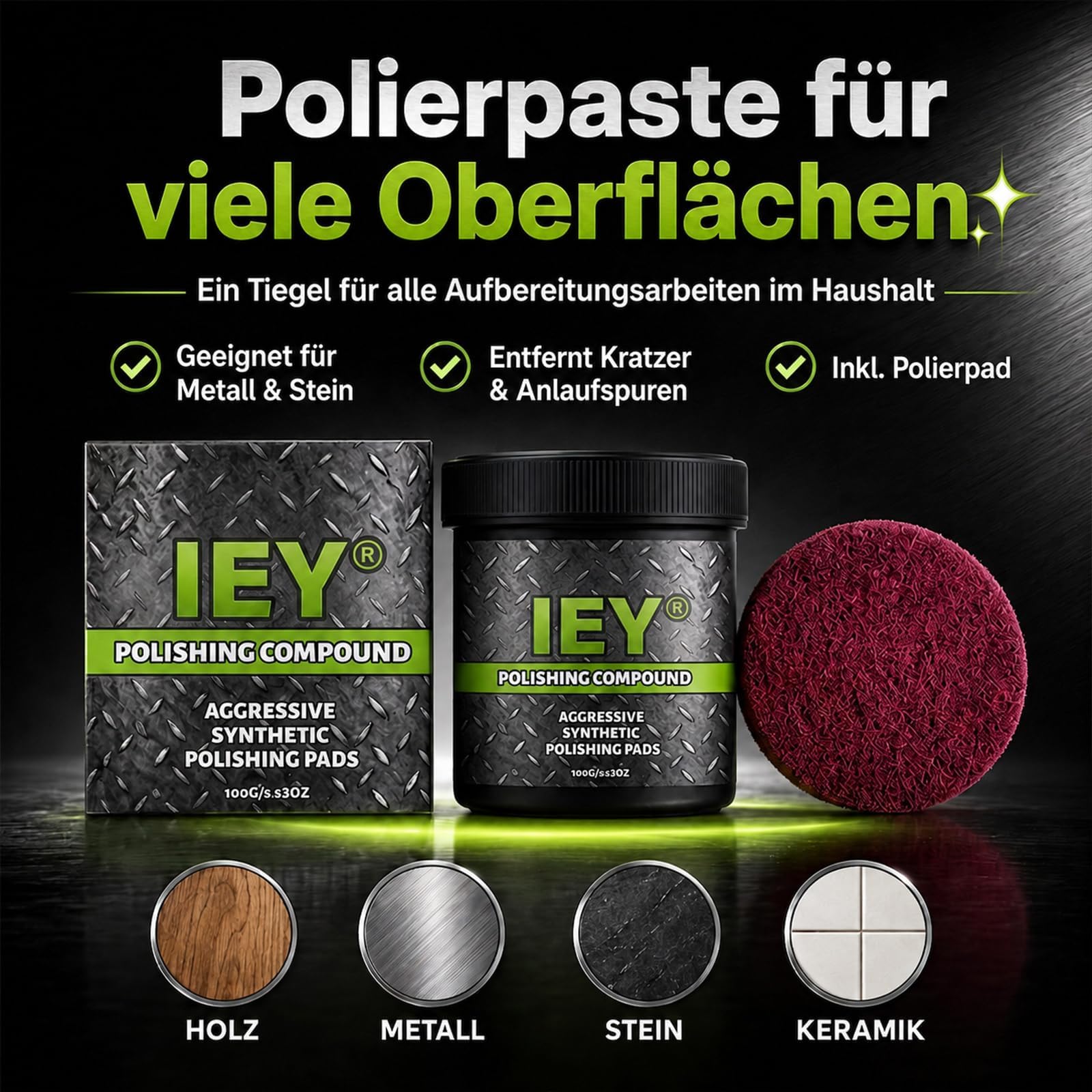 IEY Polierpaste Auto & Metall, Professional Polishing Compound mit Pad | Universal Polierpaste Auto Kratzer Entfernen, Politur für Scheinwerfer, Kunststoff, Holz & Epoxidharz (100g)，2 Stk
