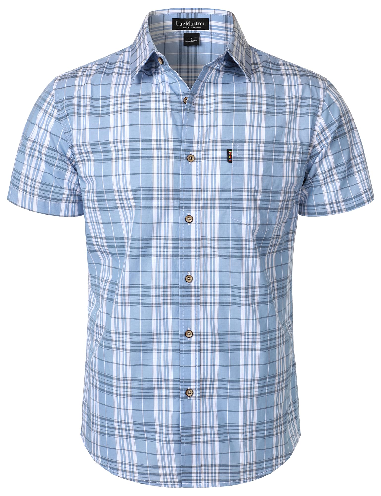 LucMatton Men's Gingham Short Sleeve Button Down Shirt Cotton Regular Fit Plaid Dress Shirts with Pocket