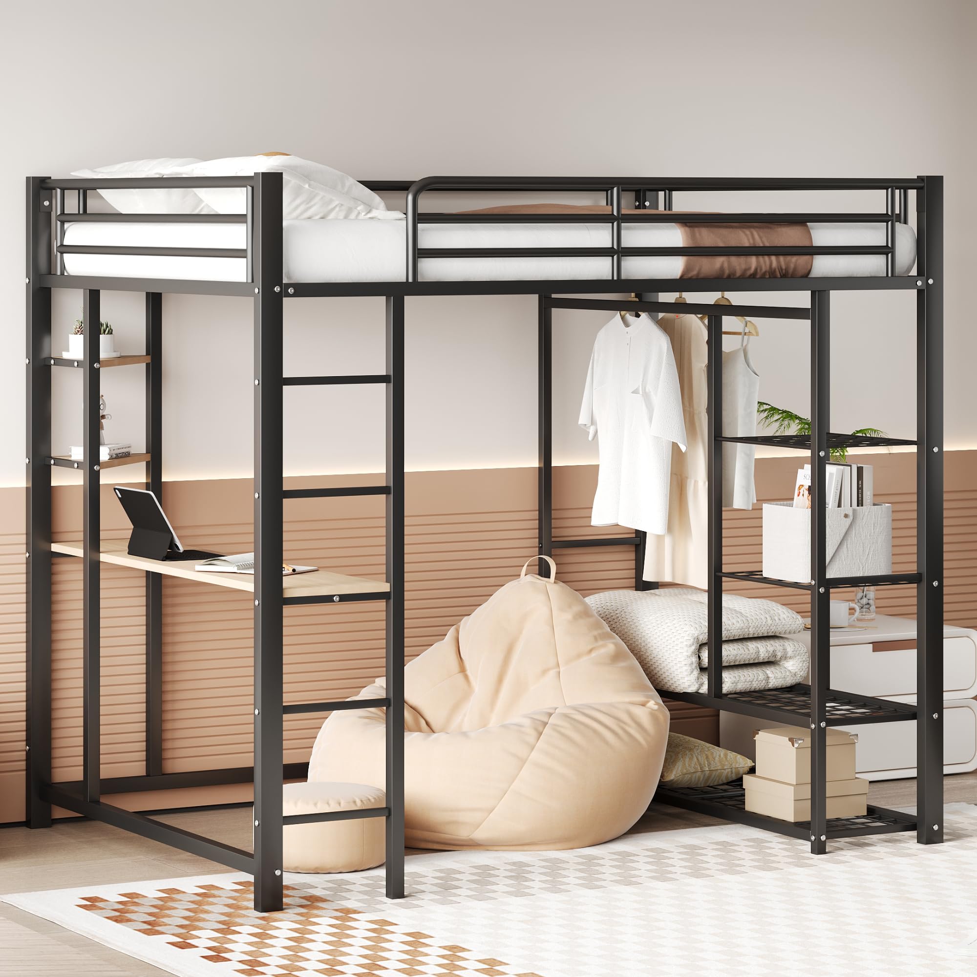 Merax Lit Mezzanine en Métal 90 x 200 cm, Multifonctionnel Lit Mezzanine avec Bureau et Étagères, Noir (sans Matelas