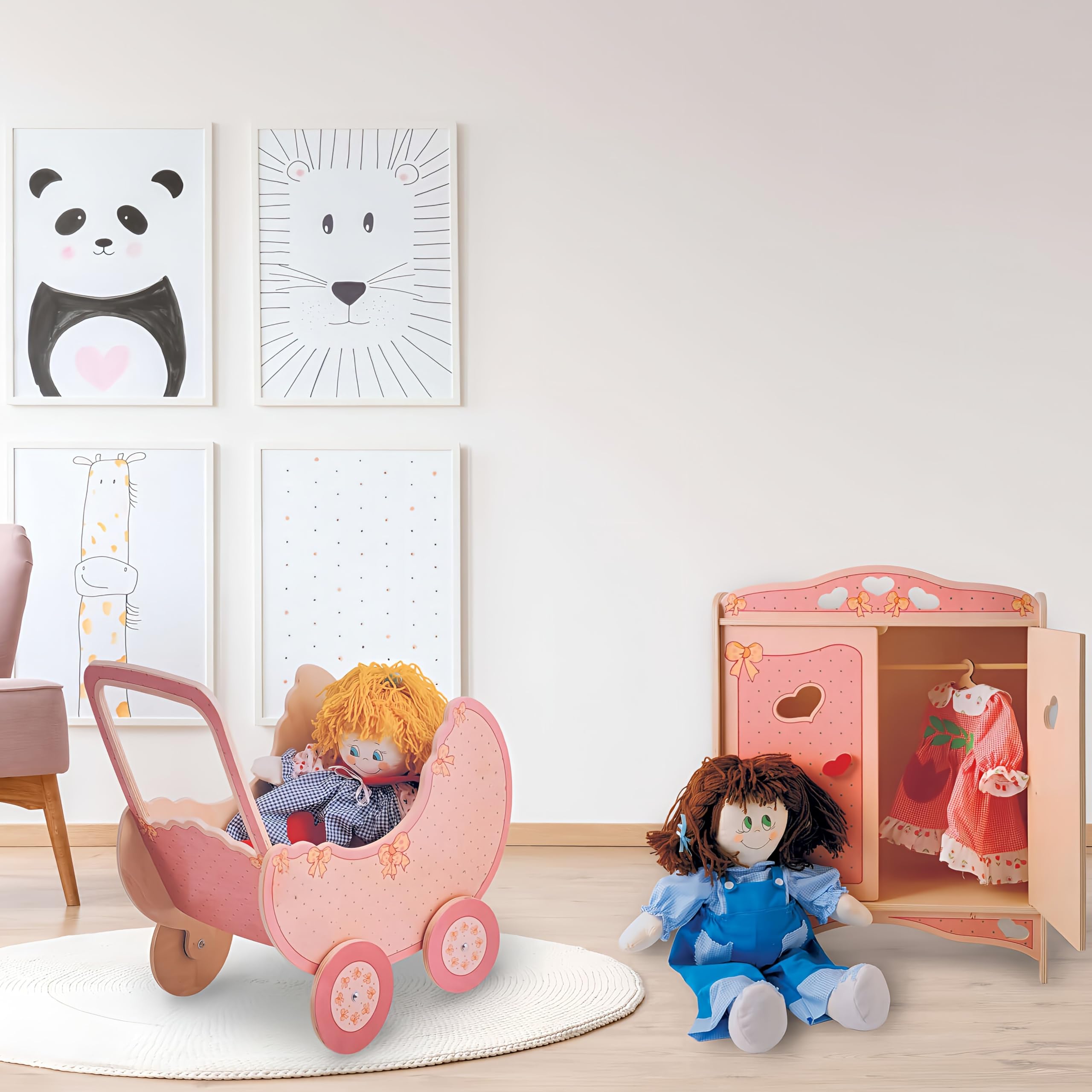 Dida - Holzpuppenwagen Rosa: Kinderwagen für Große Puppen bis 50 cm, Ideal für Rollenspiele für Kinder von 2 bis 4 Jahren
