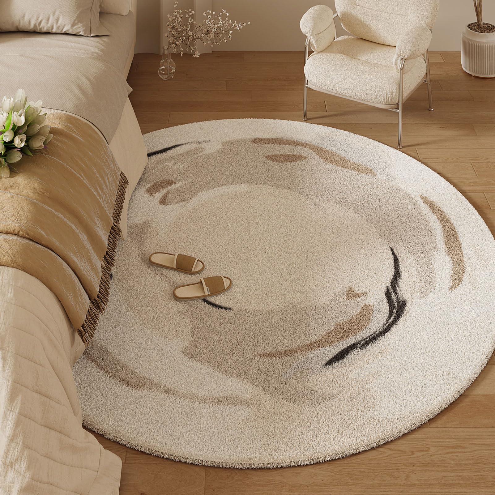 Runder Teppich Im Creme-Stil, Flauschig Kurzflor Teppich für Wohnzimmer & Schlafzimmer, Weicher Kunstfell-Teppich für Ankleide, Sessel, Schreibtisch (5 200cm)