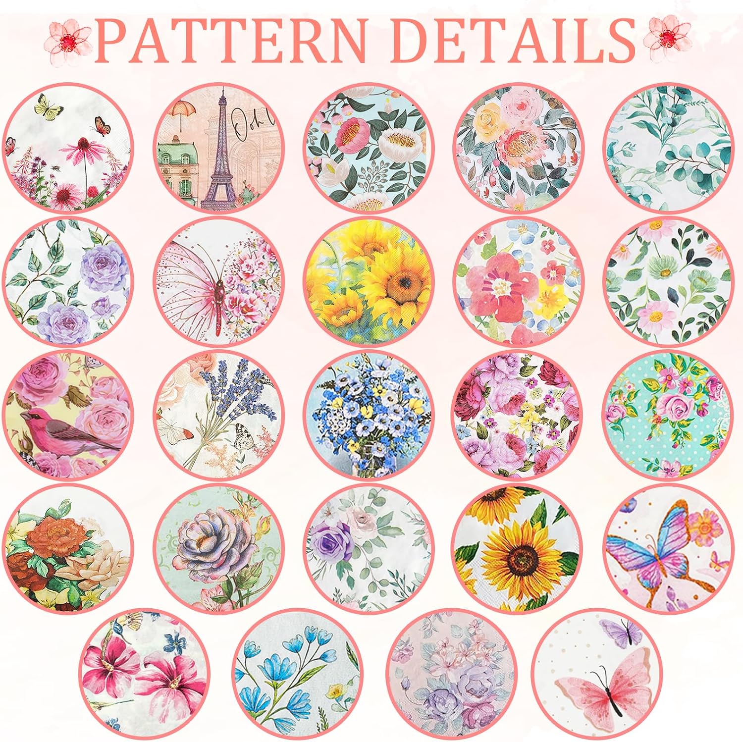 24 Pack Floral Napkins for Decoupage 24 Styles, Gorgeous Butterflies Wildflower Assorted Flower Cocktail Napkins for DIY Art Crafting Party Beautiful Decoupage Napkins Paper Decorative 6.5 inches
