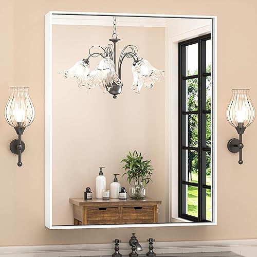 TokeShimi Espejo de baño blanco de 24 x 32 pulgadas para pared, espejo de tocador con marco de metal cepillado, aleación de aluminio que no se disponible en Yaxa Venezuela