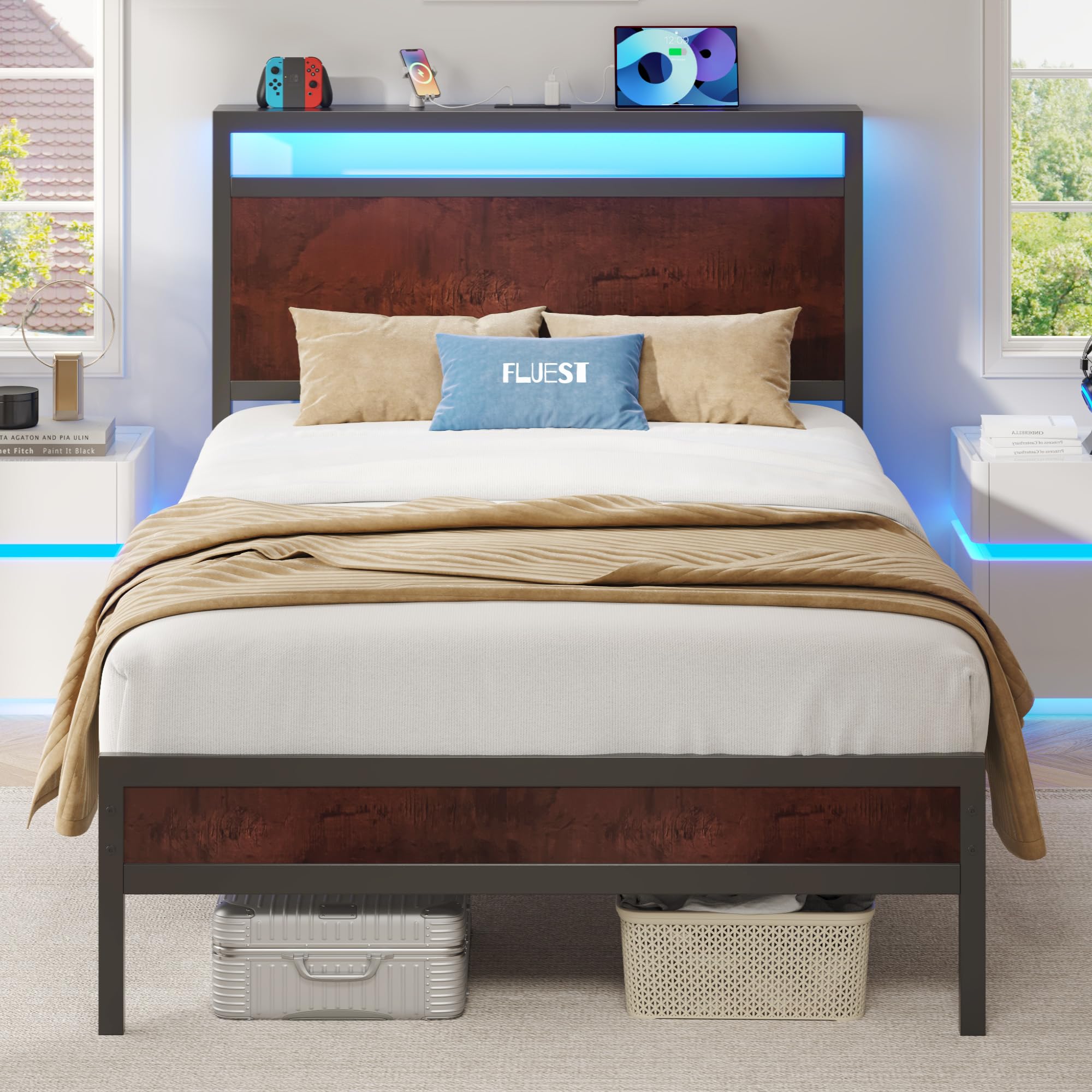 Fluest Twin Bed Frame with Headboard & Footboard, Twin Bed Frame with Charging Station & LED Light, Under-Bed-Storage, No Box Spring Needed, Noise