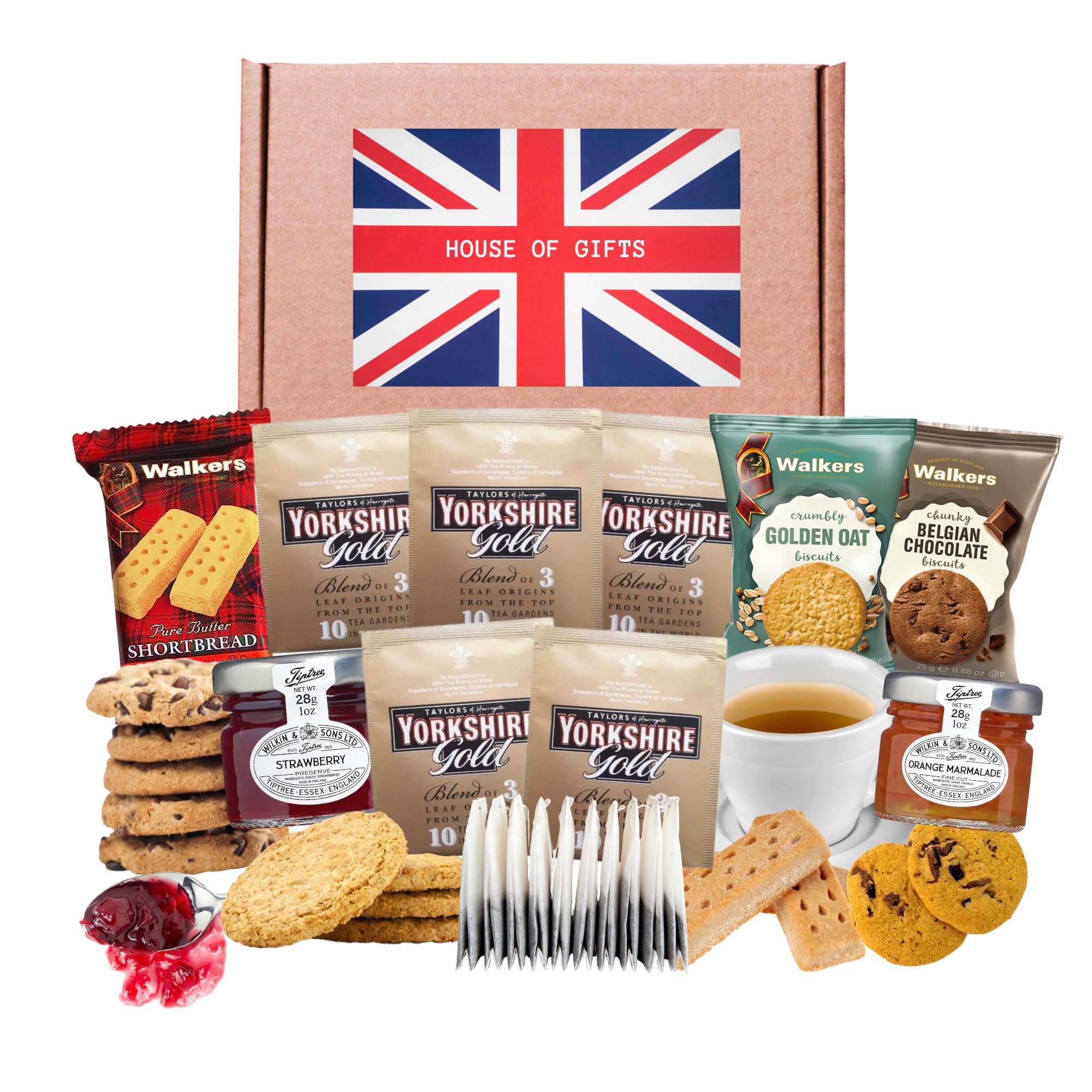 British Tea & Cookies Food Hamper Treats Gift Box Including Yorkshire Gold Tea, Tiptree Jam & Marmelade, Assorted Scottish Walkers Biscuits & Shortbread | English Afternoon Tea Gift Set