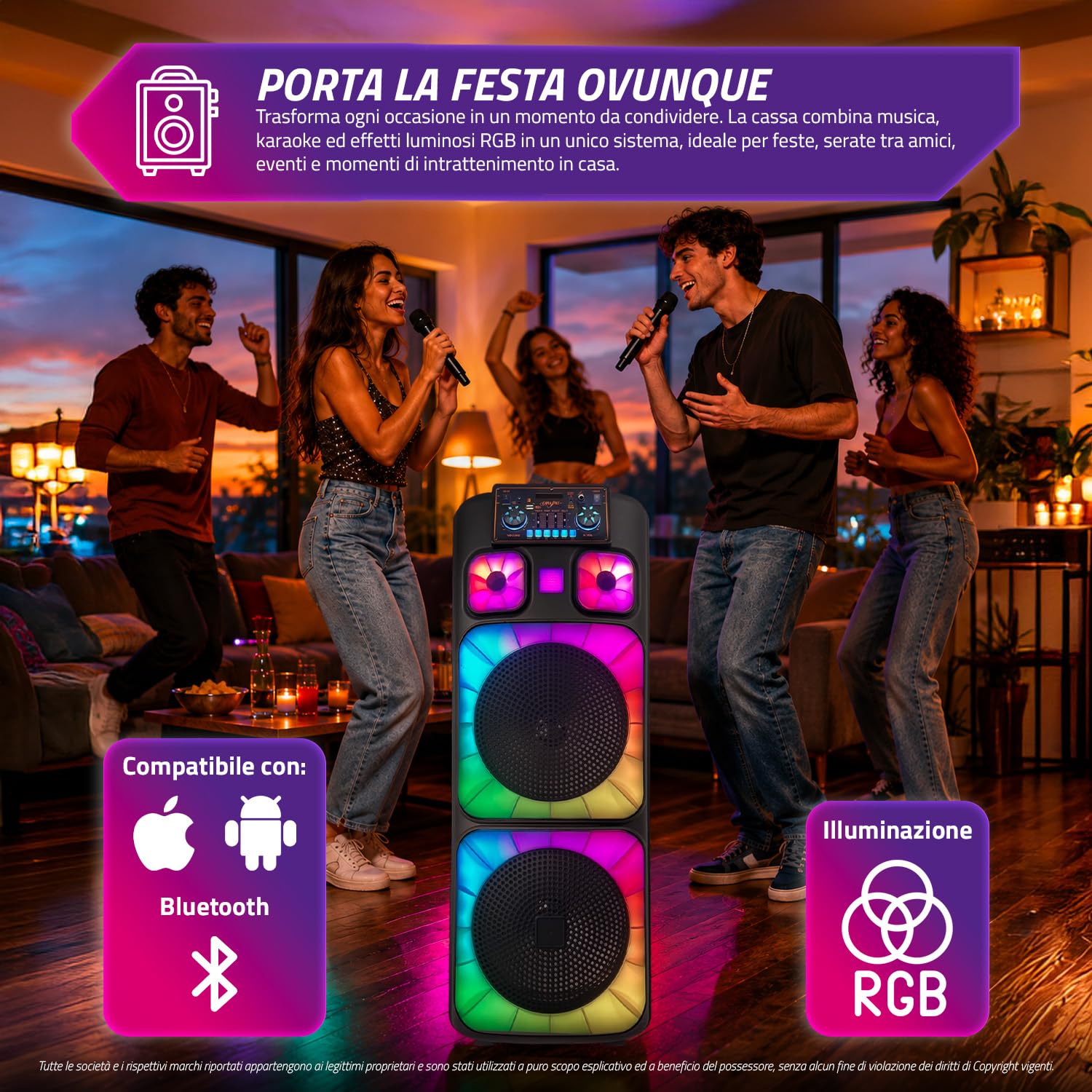 Avilia – Boîtier Bluetooth 800 W avec microphones sans fil, lumières LED RVB et télécommande | Haut-parleur portable puissant pour karaoké et fête, batterie rechargeable jusqu'à 8 heures d'autonomie