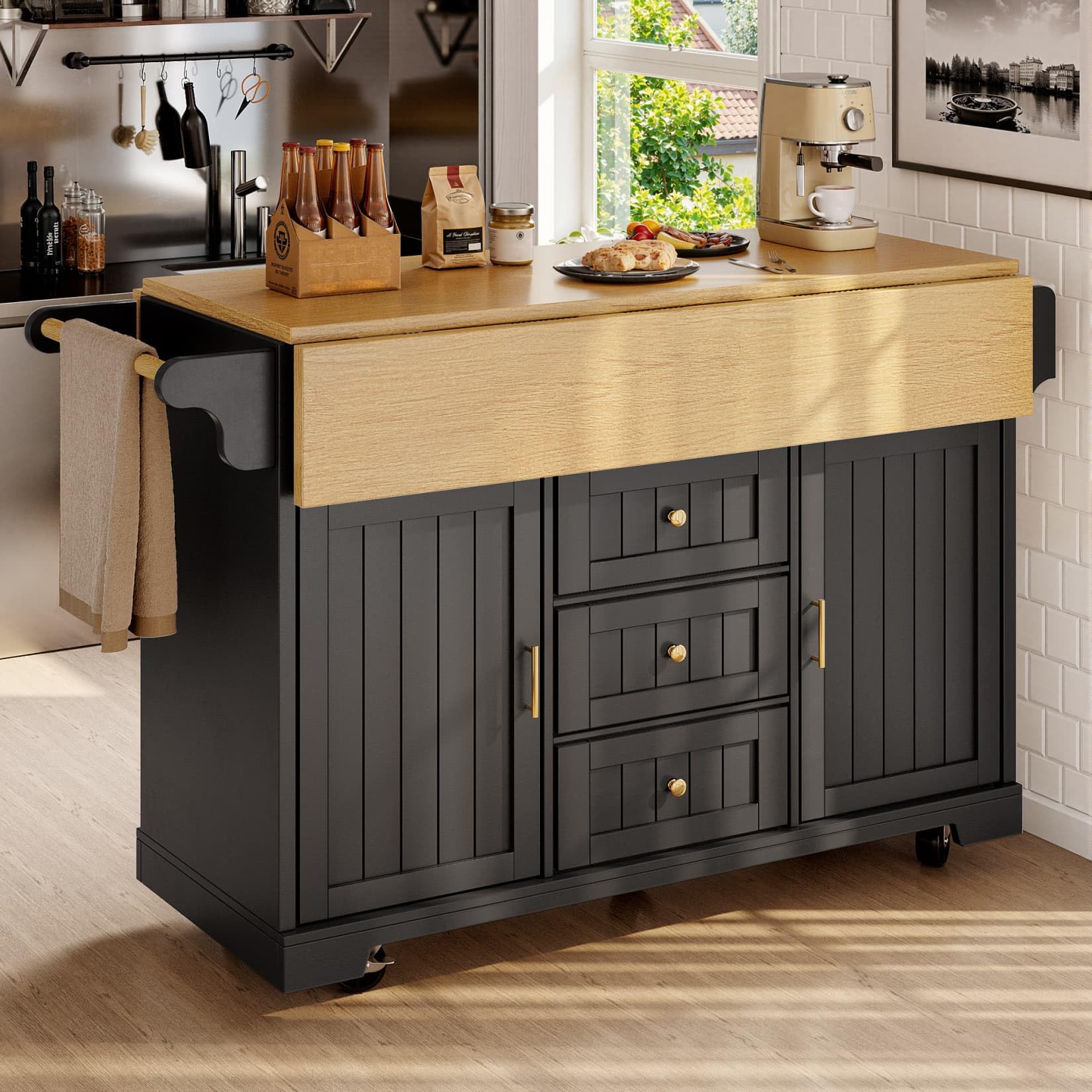 Desserte ilôt de Cuisine avec roulettes,Buffet Cuisine de Rangement avec Plateau de Table Pliable,Chariot de Repas,Buffet Mobile,3 Tiroirs et 2 Portes,142.5x40-80x95cm (Noir-E)