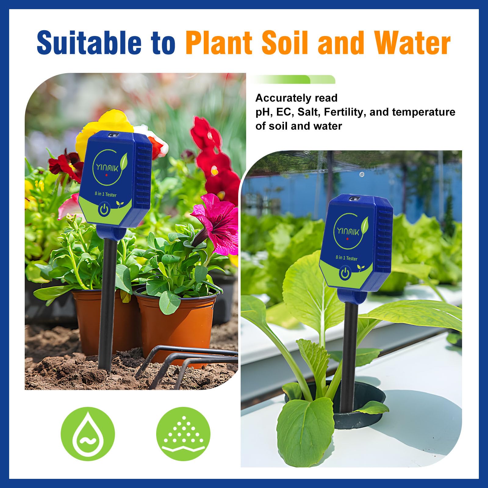 Kit di analisi terreno intelligente, 8 in 1 umidità EC fertilità sale intensità luce solare umidità aria temp pHmetro, pH igrometro per serra giardino fattoria, pH misuratore conduttività per terreno
