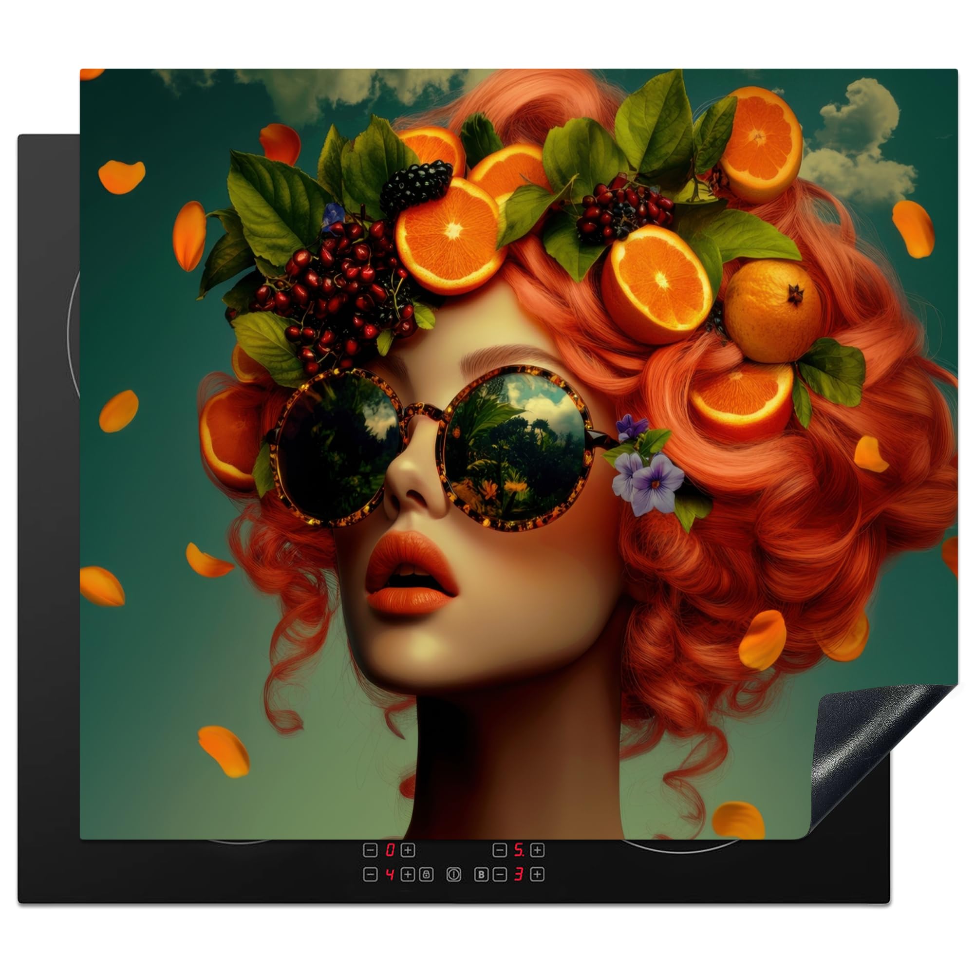 KitchenYeah© Induction Hob Protector Mat 20.5"x23.6" / 60x52 cm Cooker Top Protectors Cover Ceramic Covers Electric Hobs Vinyl Woman - Orange - Berries - Orange