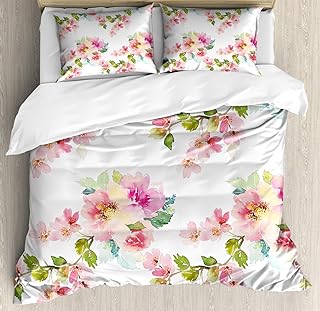 Ambesonne Floral Duvet Cover Set Queen Size, Watercolor Shabby Form Nature Petals in Soft Tones Picture, Decorative 3 Piece Bedding Set with 2 Pillow Shams, Pink Fern