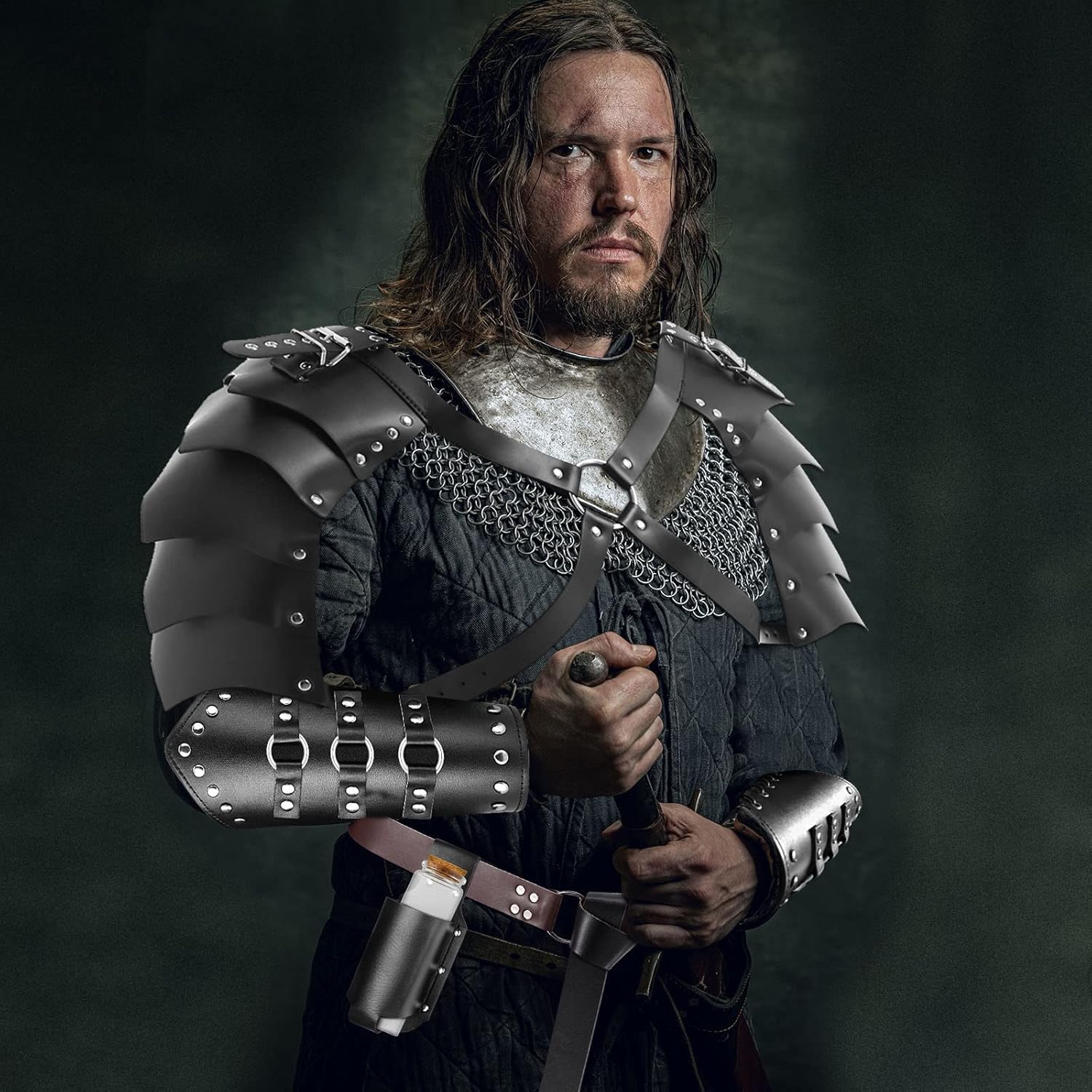 PLULON 9Pcs Medieval Knight Costume, Men Renaissance Viking Costume Set Men Hooded Cloak Retro Shawl PU Leather Belt Shoulder - Image 2