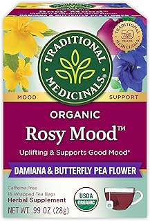Traditional Medicinals Organic, Rosy Mood, Damiana & Butterfly Pea Flower - Uplifting Mood Support - Kosher, Non-GMO, Caffeine-Free, Compostable - 16 Tea Bags