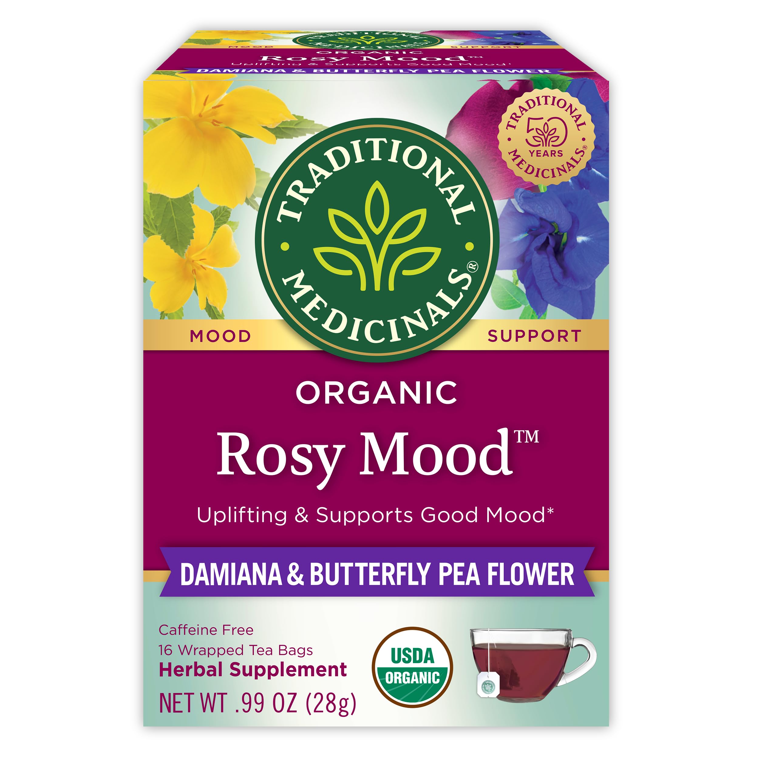 Traditional Medicinals Organic, Rosy Mood, Damiana & Butterfly Pea Flower - Uplifting Mood Support - Kosher, Non-GMO, Caffeine-Free, Compostable - 16 Tea Bags