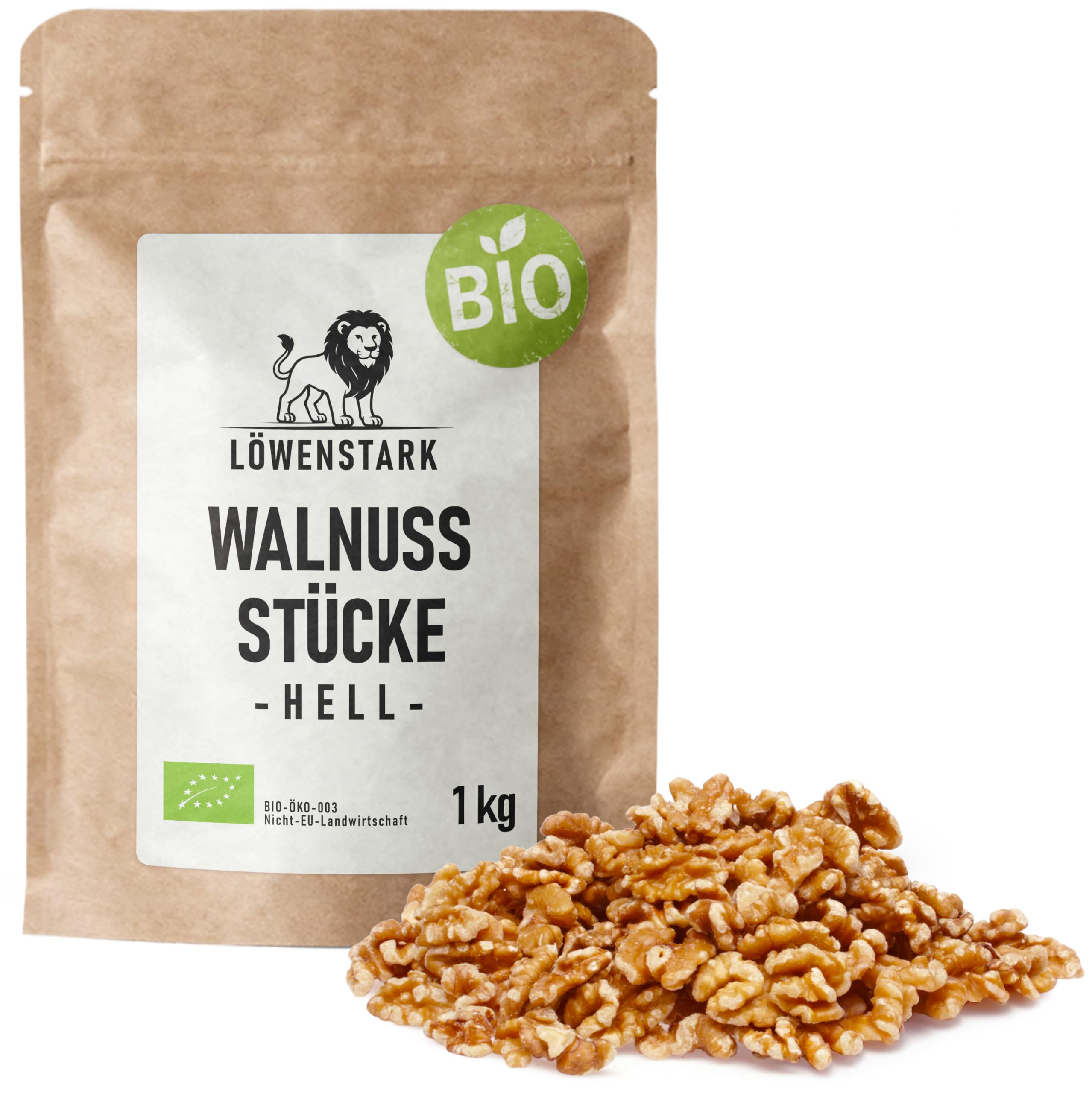 Löwenstark I BIO-Walnussstücke hell 1 kg I Knackige Walnüsse aus biologischem Anbau I Bio-Walnüsse, ideal als Snack, zum Kochen, Backen, für Salate, Desserts & für Nussmischungen I Vegan