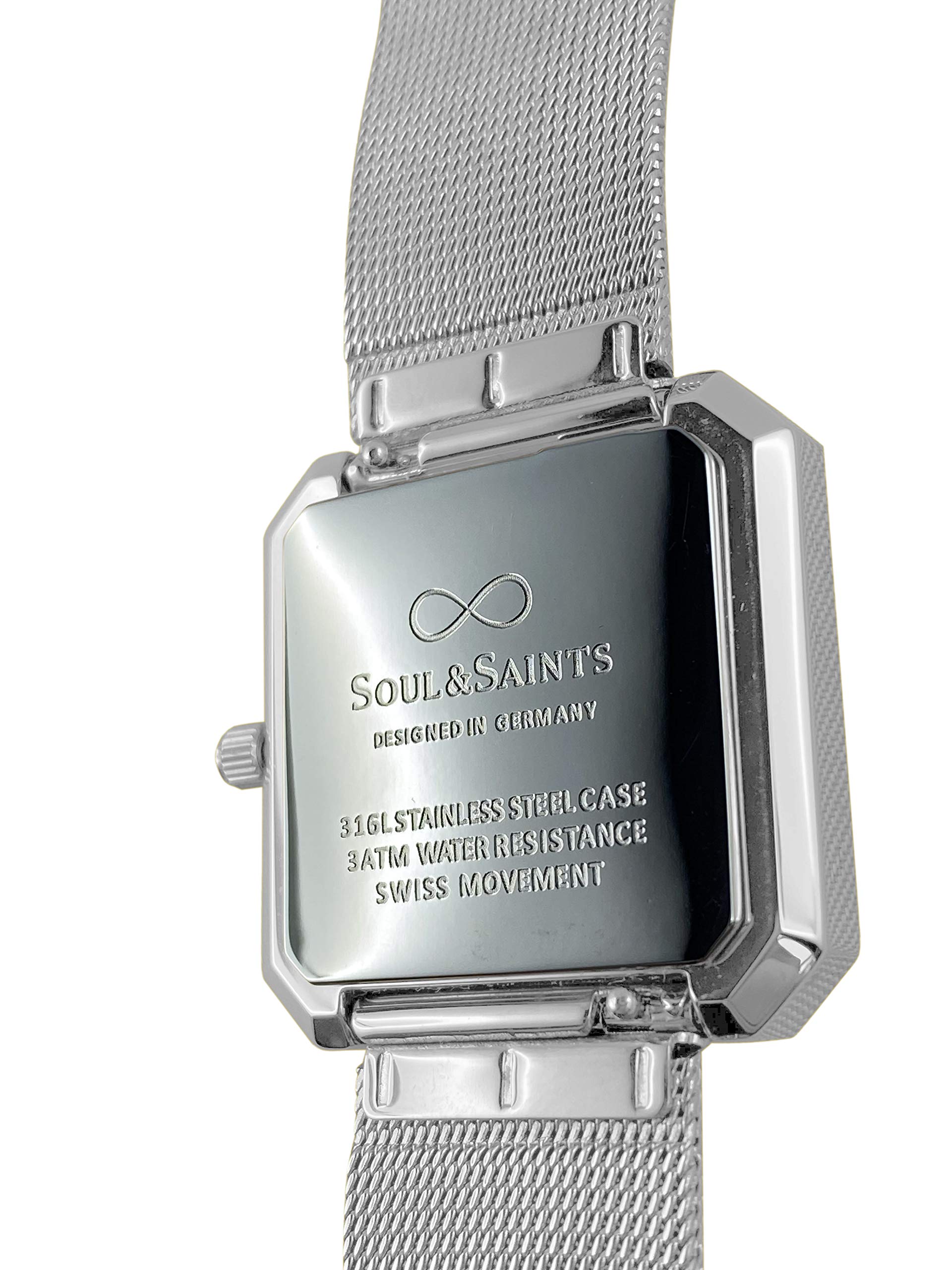 Soul & Saints Damski zegarek premium ze stali nierdzewnej, elegancki zegarek na rękę, kwadratowy, prostokątny zegarek damski, bransoletka z siateczki, stal nierdzewna, mechanizm szwajcarski, szkło szafirowe, odporny na zarysowania, 3 m, 3 ATM, wodoodporny