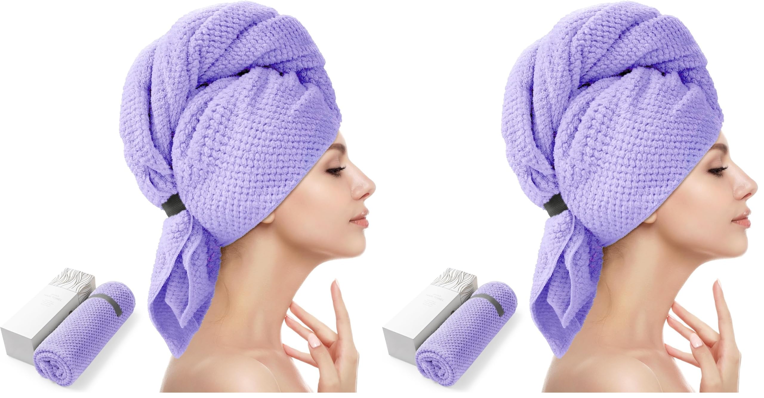 YFONG X-Large Hair Towel Wrap for Women, Super Absorbent Microfiber Hair Towel for Curly Hair, Fast Drying Hair Turbans with Elastic,Hair Drying Towel Wrap for Hair Care 30" X 40" (Purple) (Pack of 2)