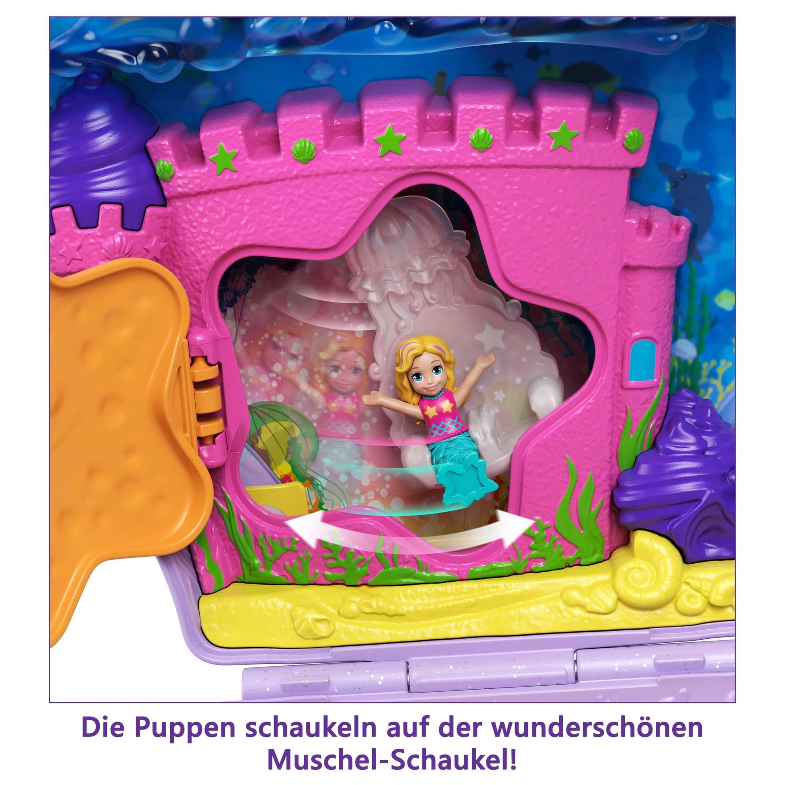 Polly Pocket Schatulle, Muschel Tasche zum Umhängen in Unterwasser Thema, mit 2 Puppen und 1 U-Boot, Polly Pocket Meerjungfrau Spielzeug, Spielzeug ab 4 Jahre, GNH11