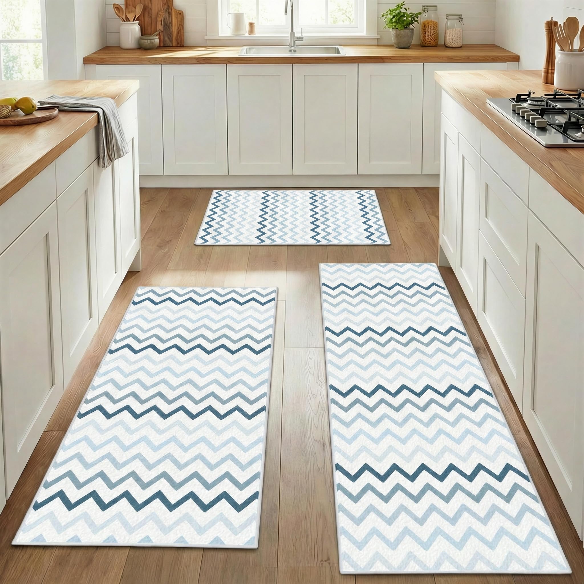 Photo 1 of ** USED** Nesphy Blue Kitchen Rugs Sets of 3, Non Slip Washable Farmhouse Kitchen Mats for Floor, Stripe Area Runner Rug for Laundry Room and Hallway